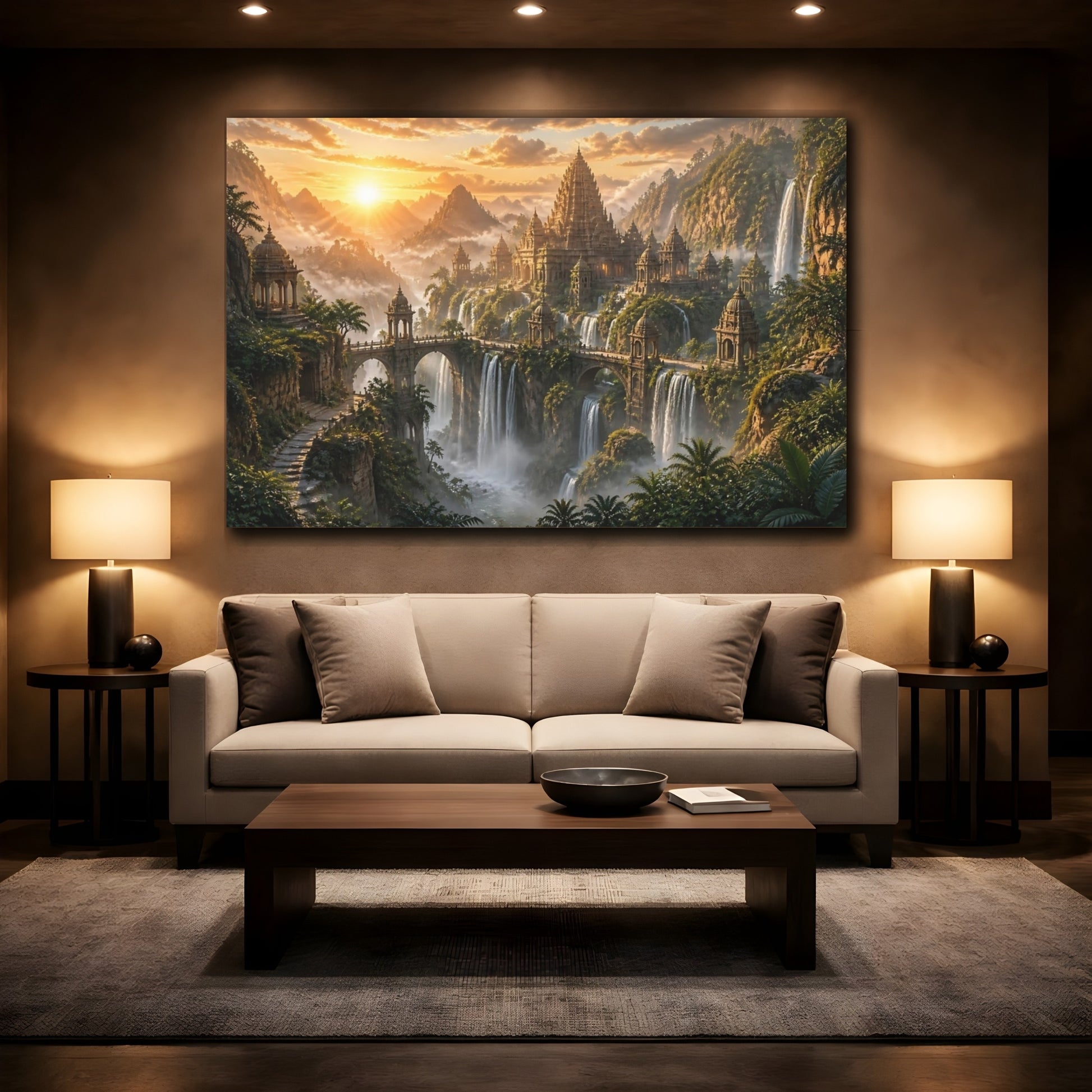 Mockup 2. Sunlit Waterfall Temple shown as canvas print