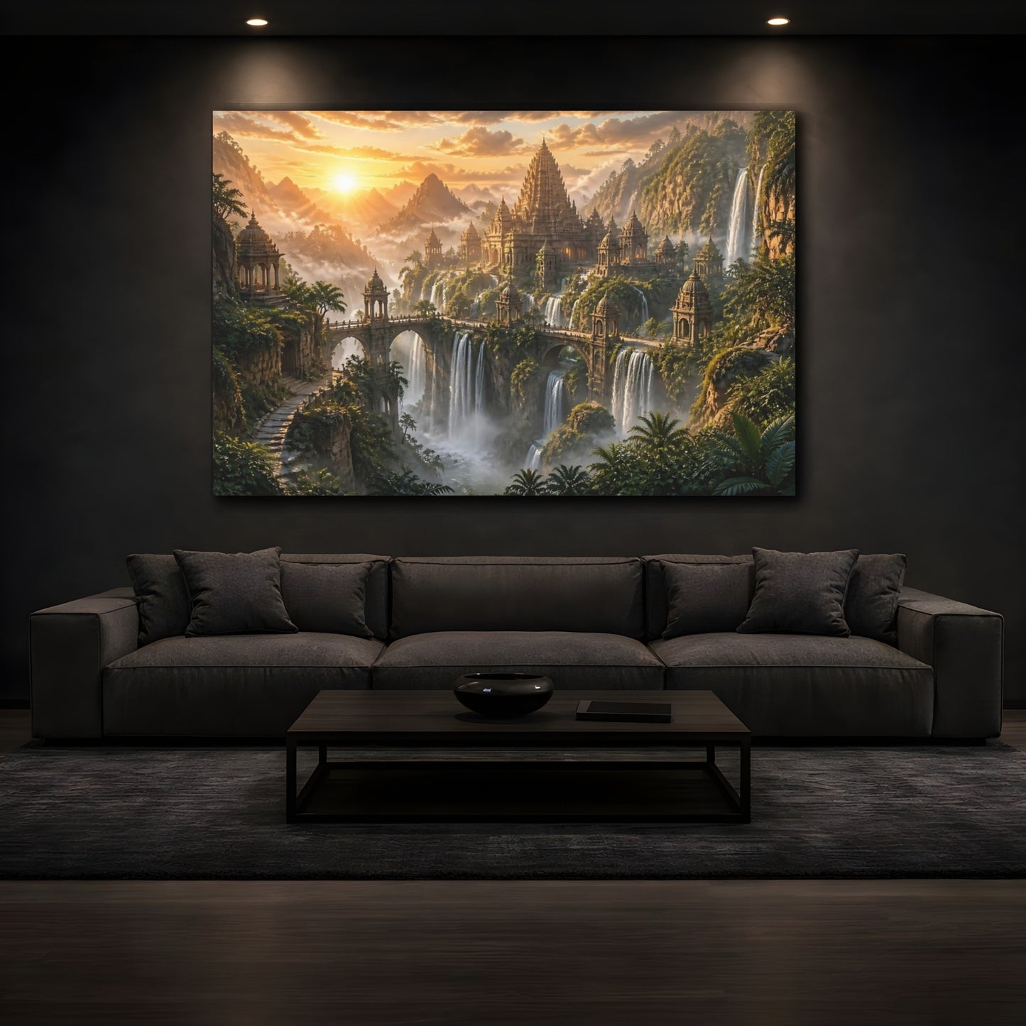 Mockup 3. Sunlit Waterfall Temple shown as canvas print
