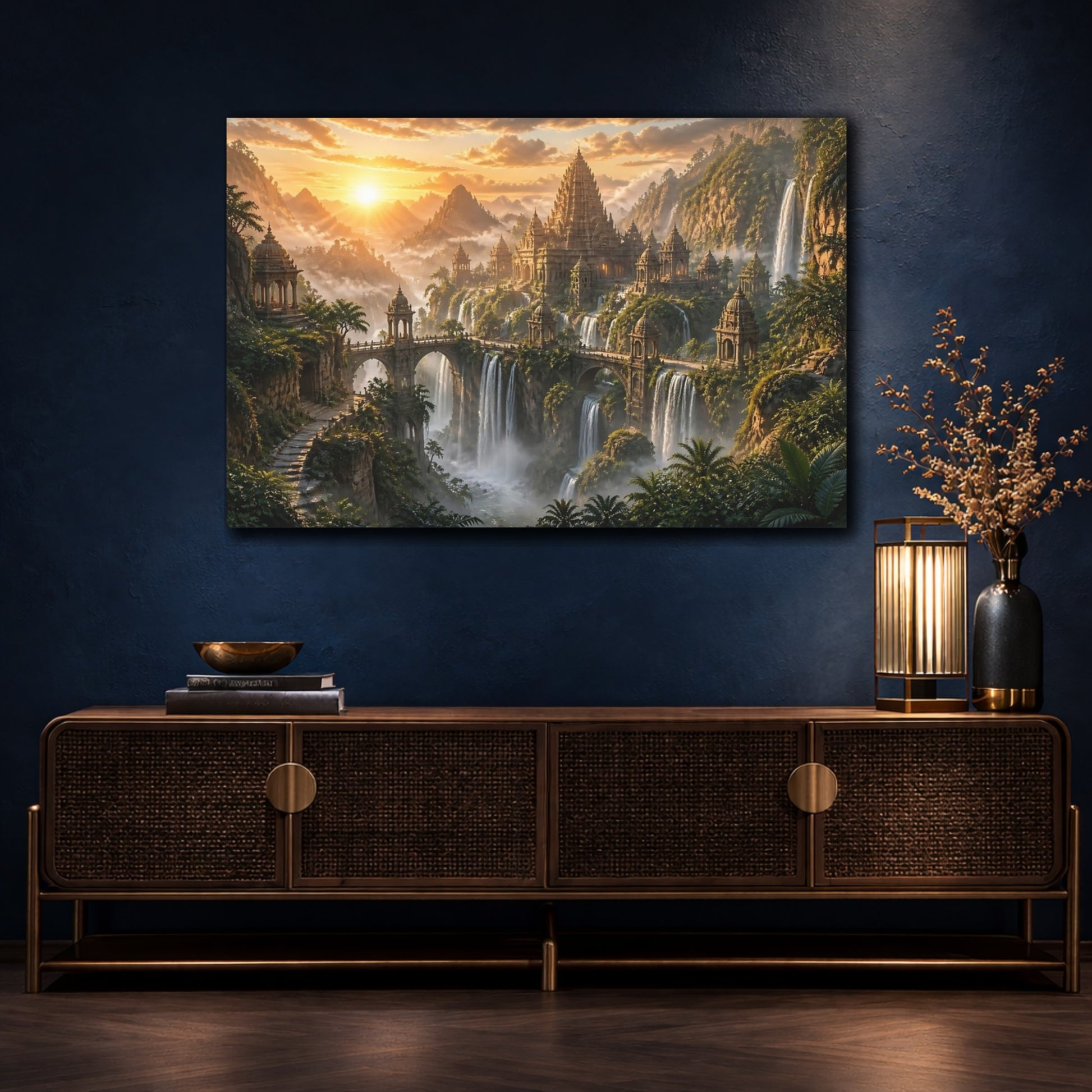 Mockup 4. Sunlit Waterfall Temple shown as canvas print