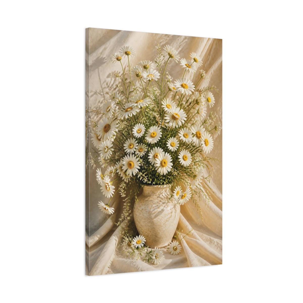 Main Mockup. Sunlit White Daisy Flowers shown as canvas print