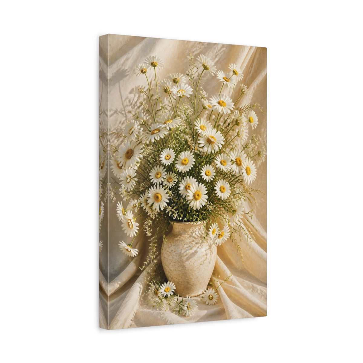 Side Mockup 4. Sunlit White Daisy Flowers shown as canvas print