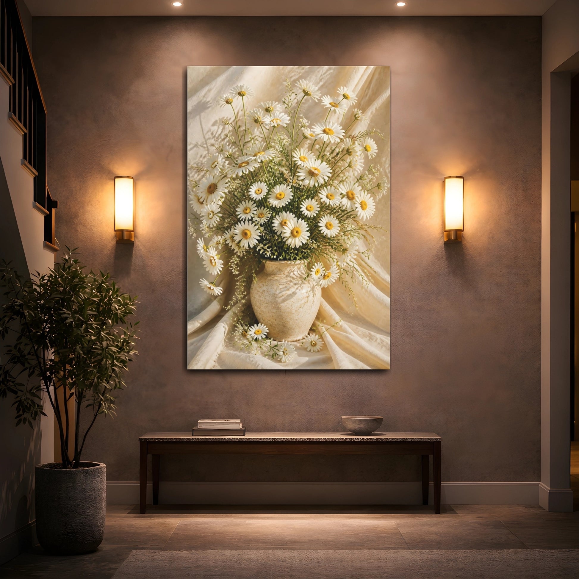 Mockup 2. Sunlit White Daisy Flowers shown as canvas print
