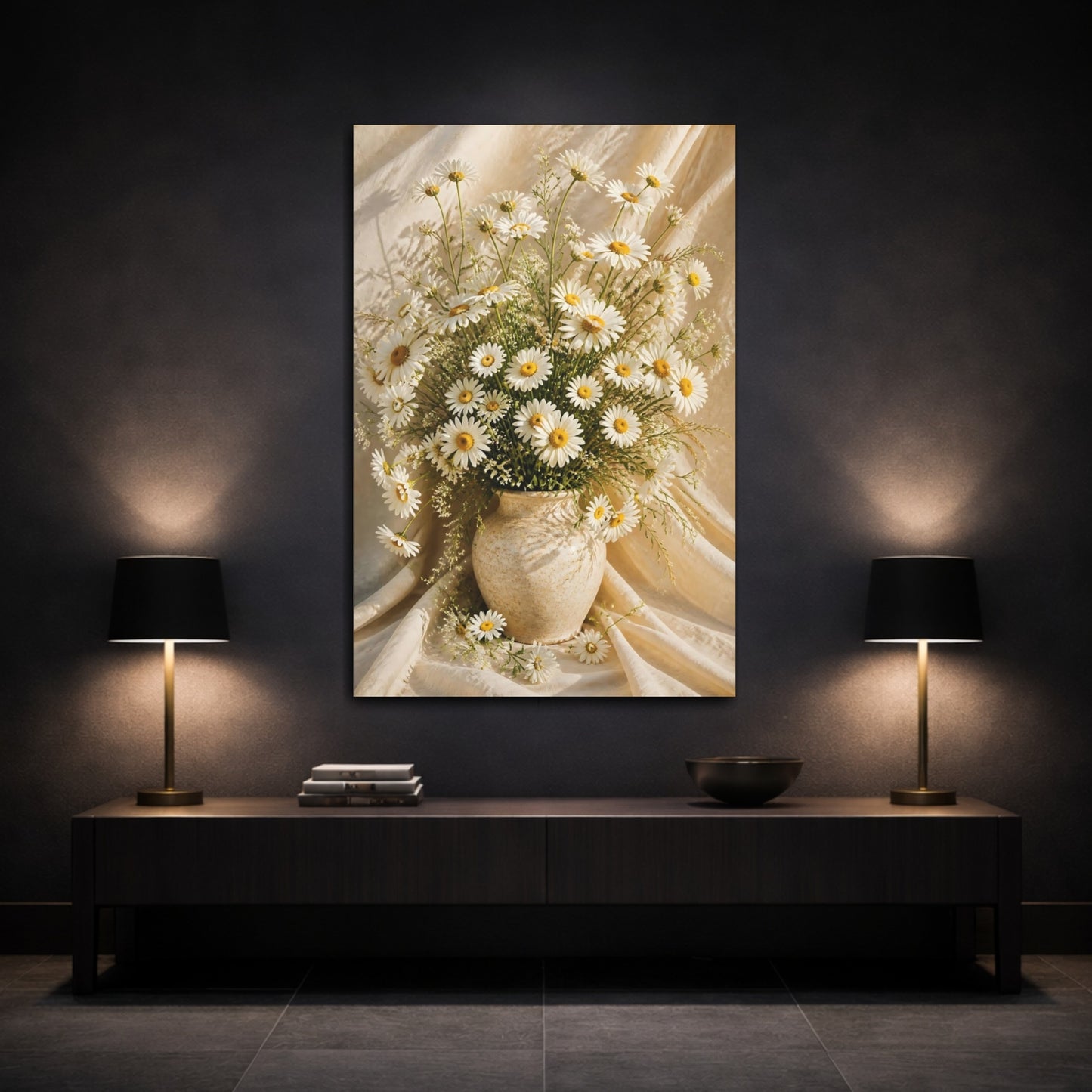 Mockup 3. Sunlit White Daisy Flowers shown as canvas print