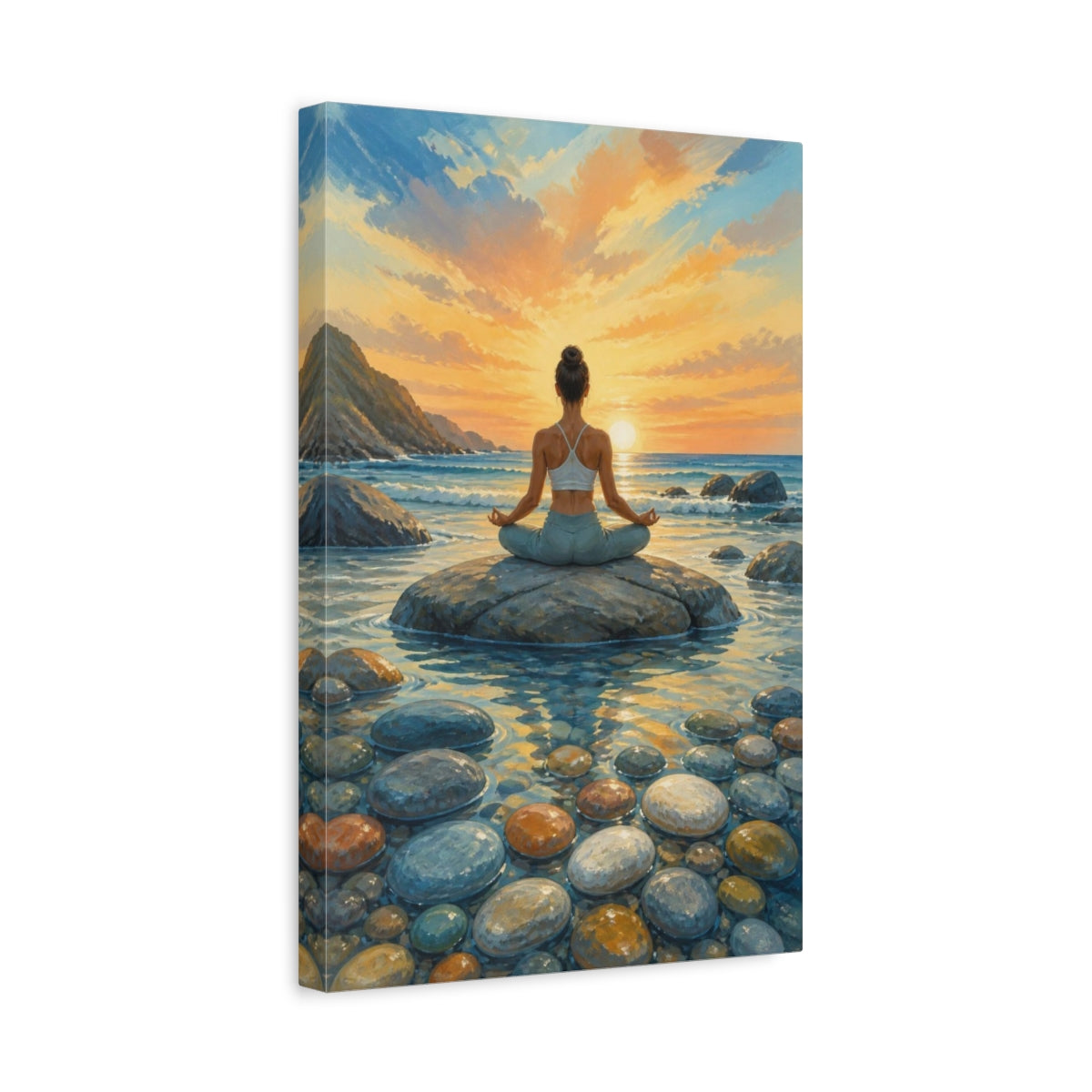 Side Mockup 4. Sunrise Beach Yoga shown as canvas print