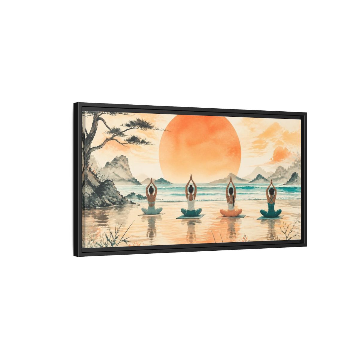 Side Mockup 2. Sunrise Beach Yoga Circle shown as framed canvas print