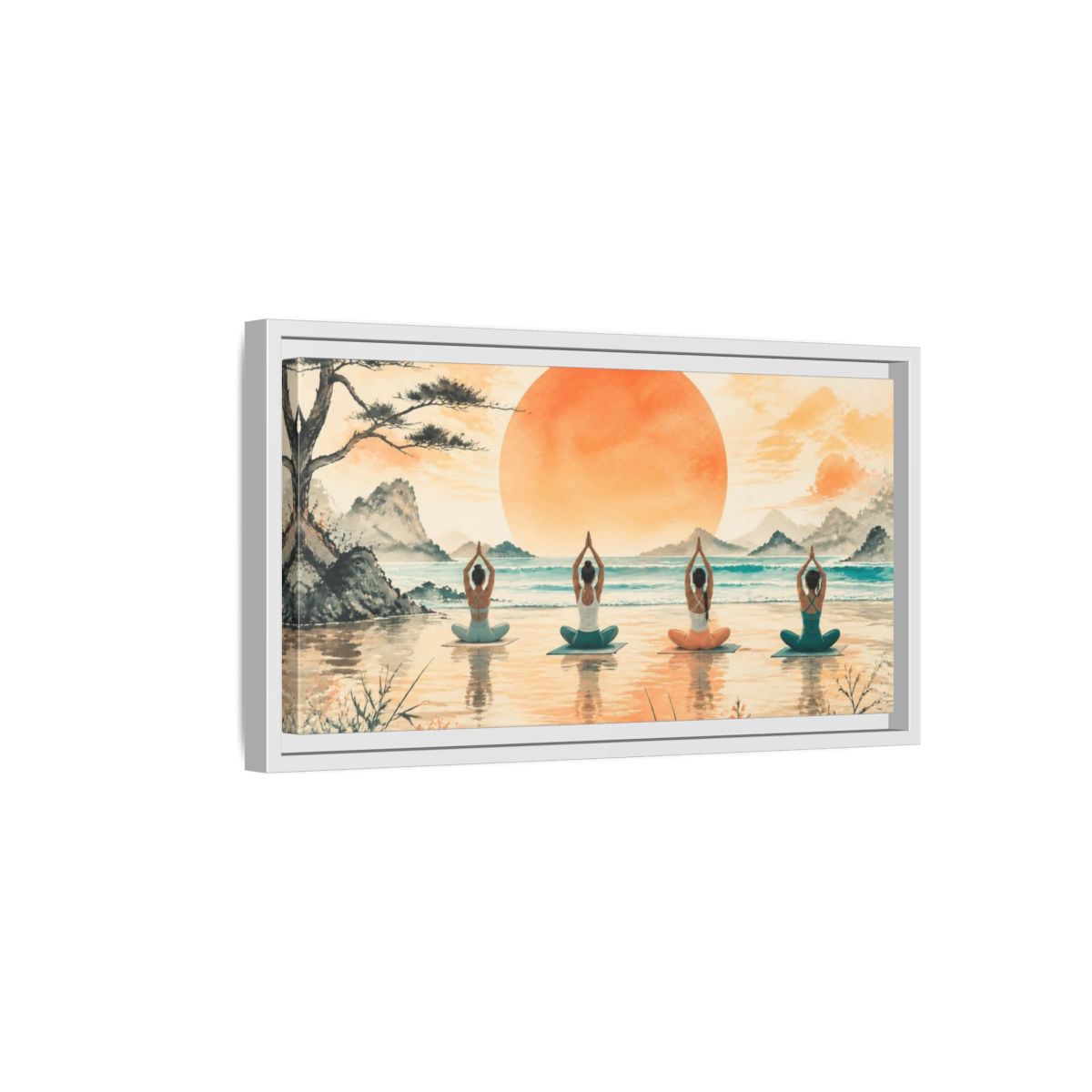 Side Mockup 6. Sunrise Beach Yoga Circle shown as framed canvas print