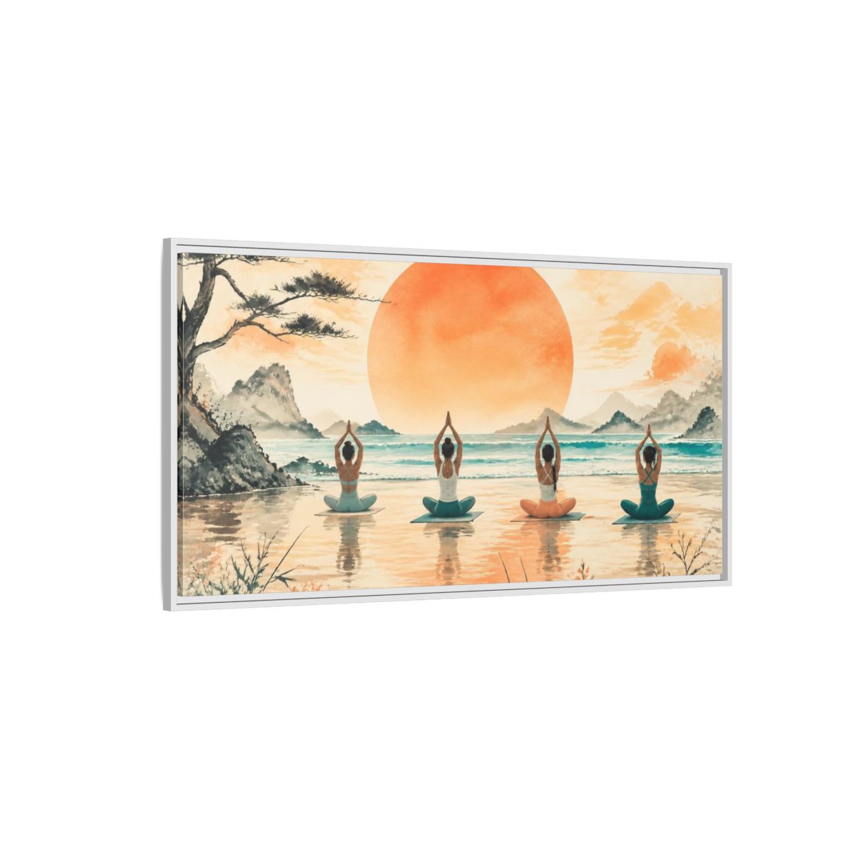 Side Mockup 3. Sunrise Beach Yoga Circle shown as framed canvas print