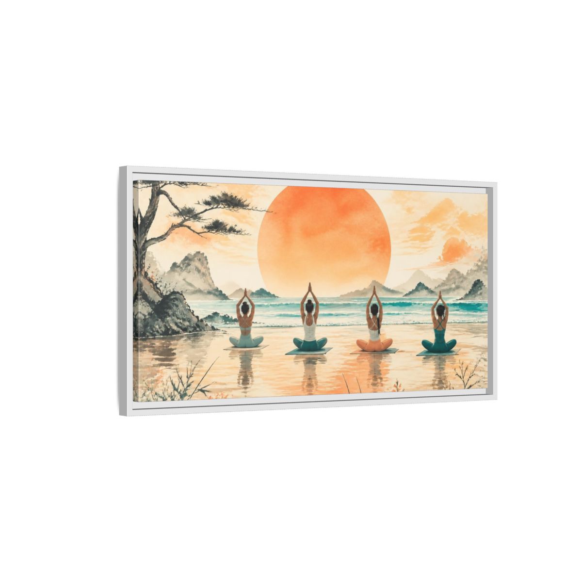 Side Mockup 1. Sunrise Beach Yoga Circle shown as framed canvas print