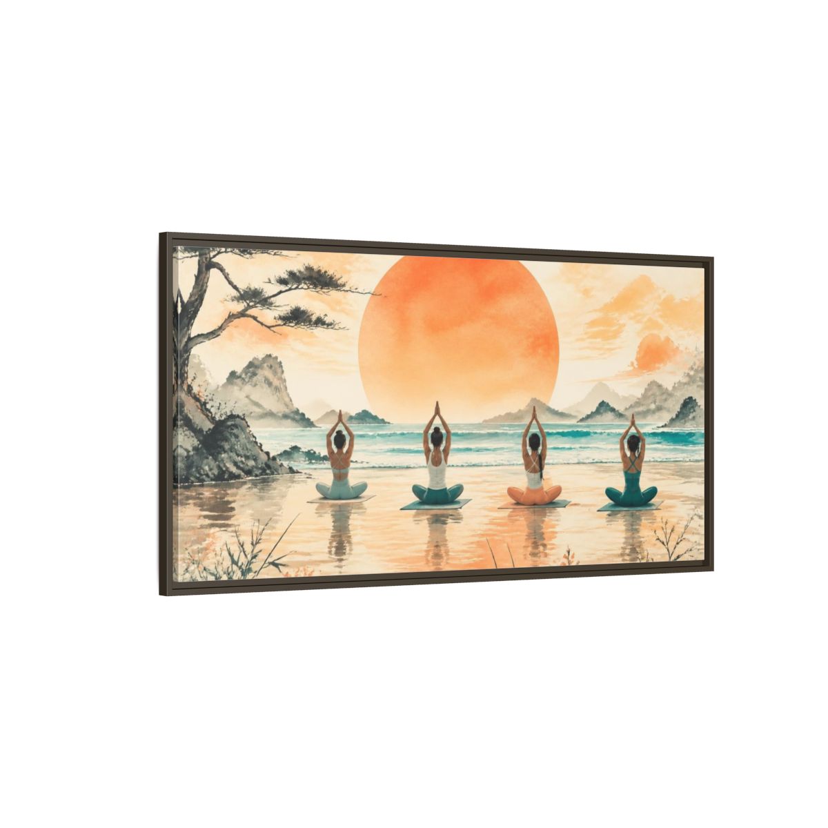Side Mockup 4. Sunrise Beach Yoga Circle shown as framed canvas print