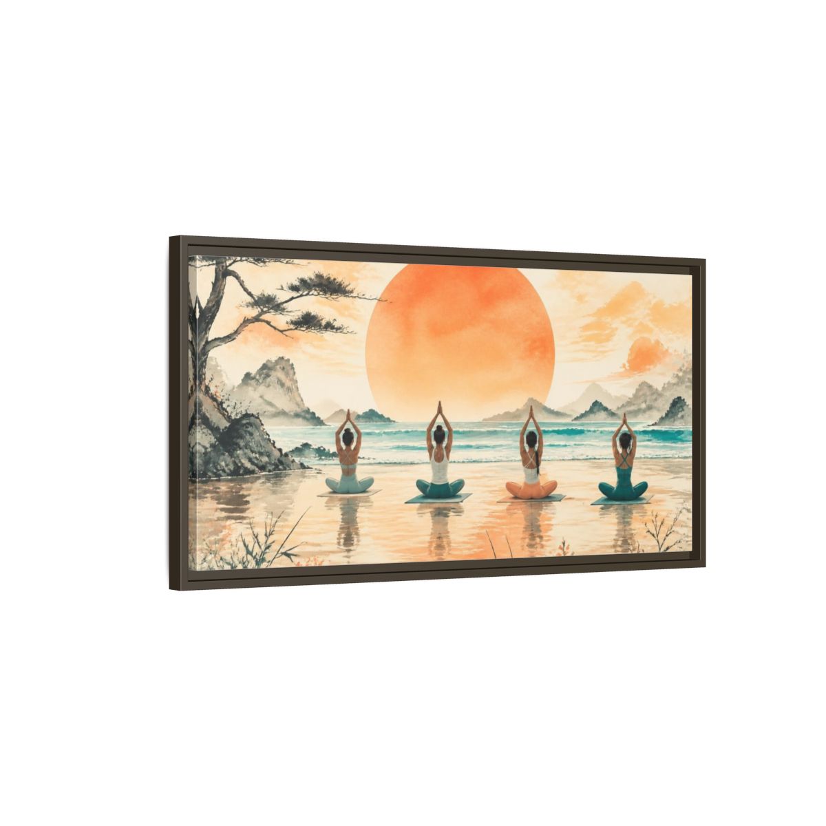Main Mockup. Sunrise Beach Yoga Circle shown as framed canvas print