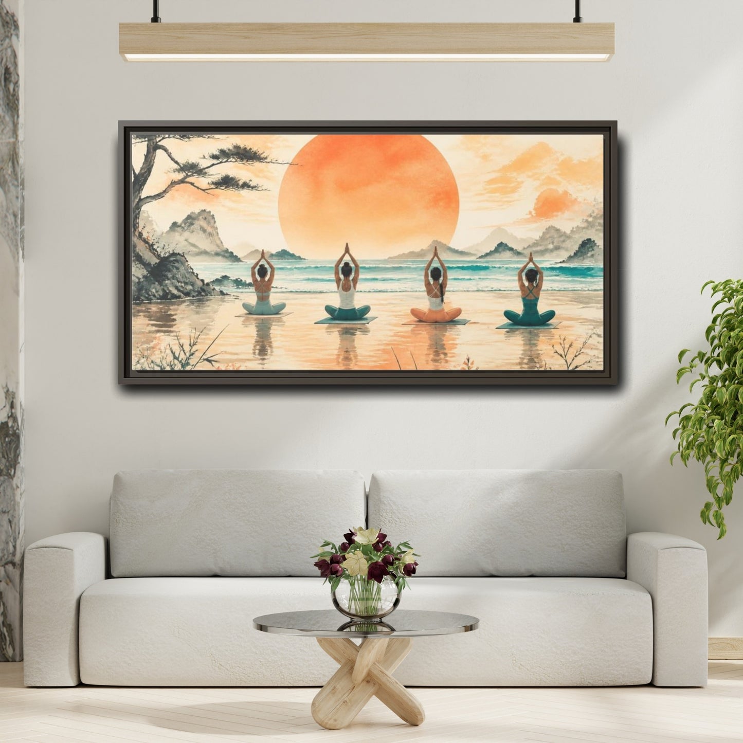 Mockup 2. Sunrise Beach Yoga Circle shown as framed canvas print