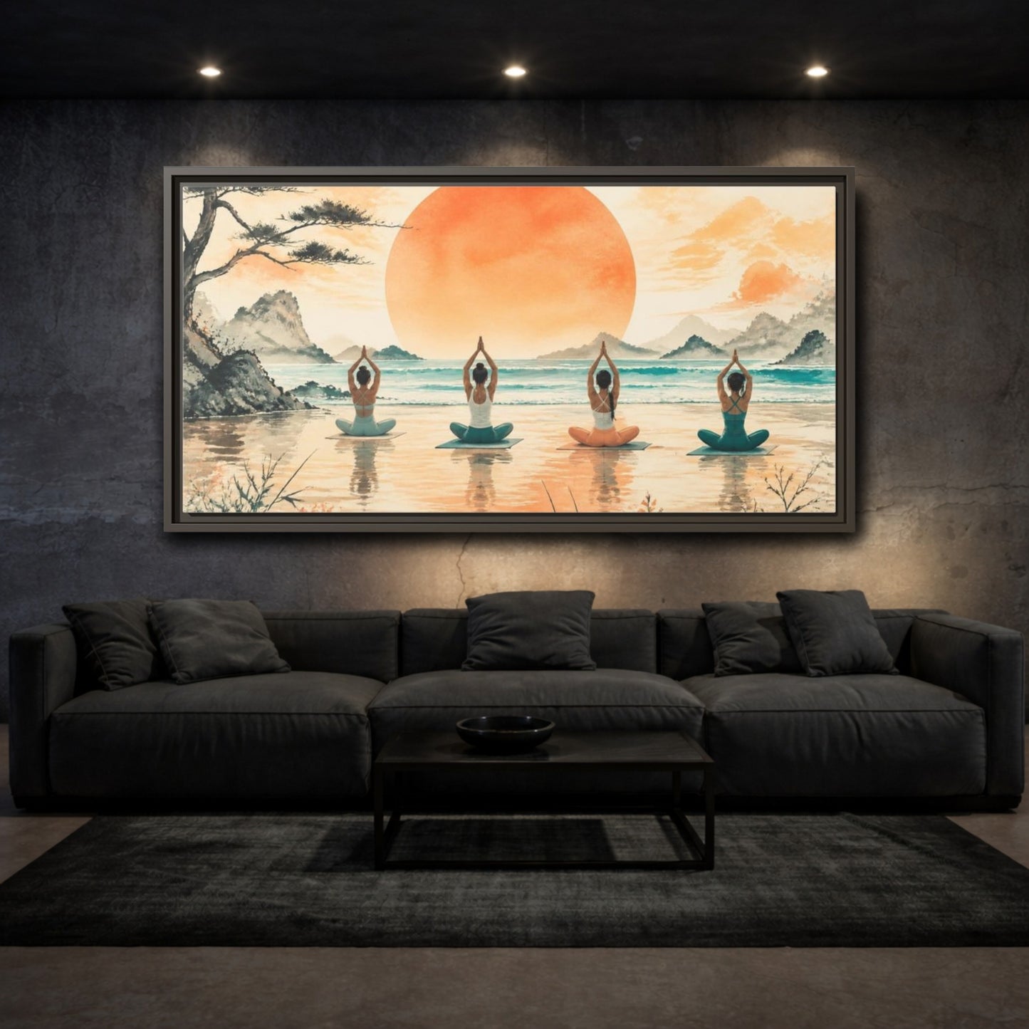Mockup 3. Sunrise Beach Yoga Circle shown as framed canvas print