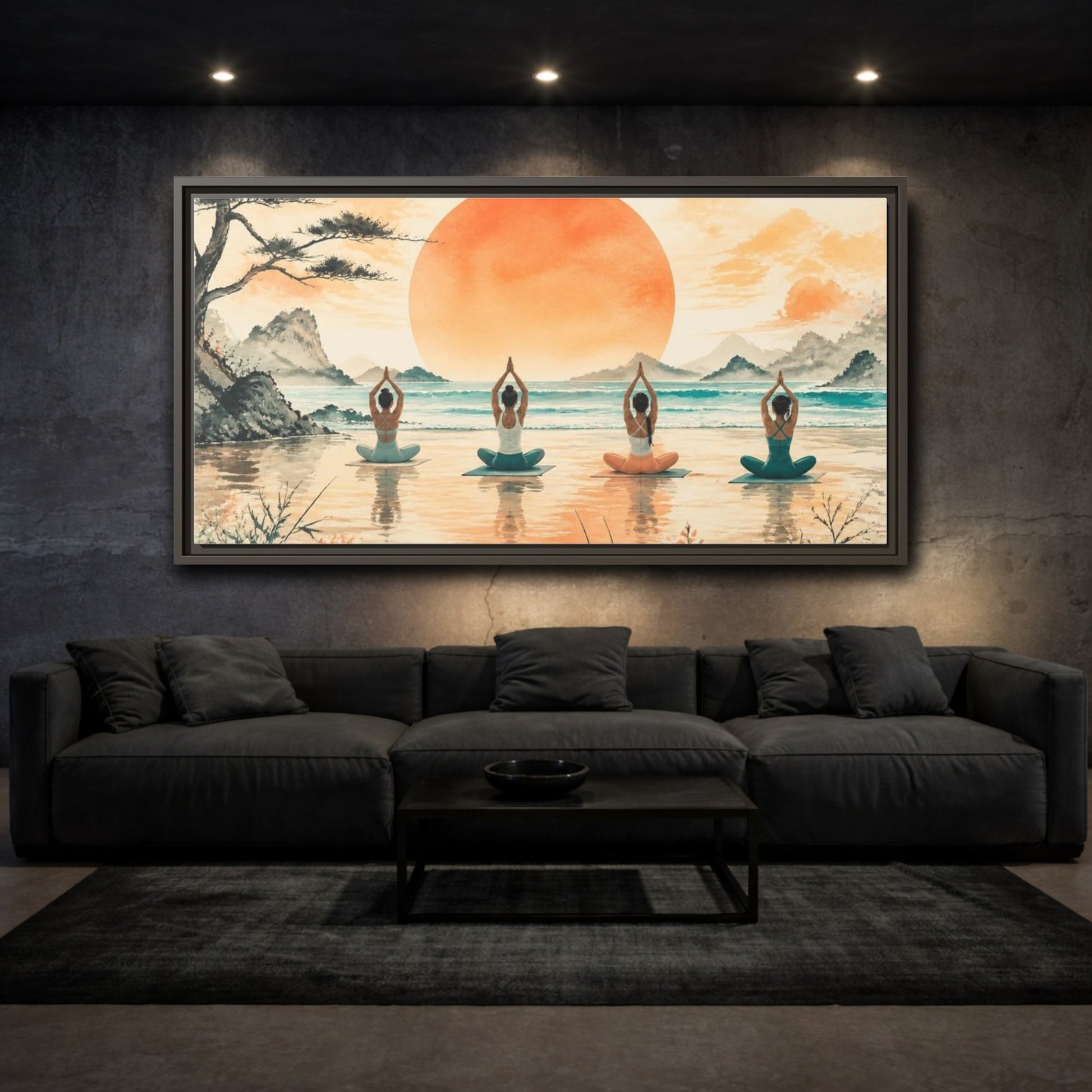 Mockup 3. Sunrise Beach Yoga Circle shown as framed canvas print