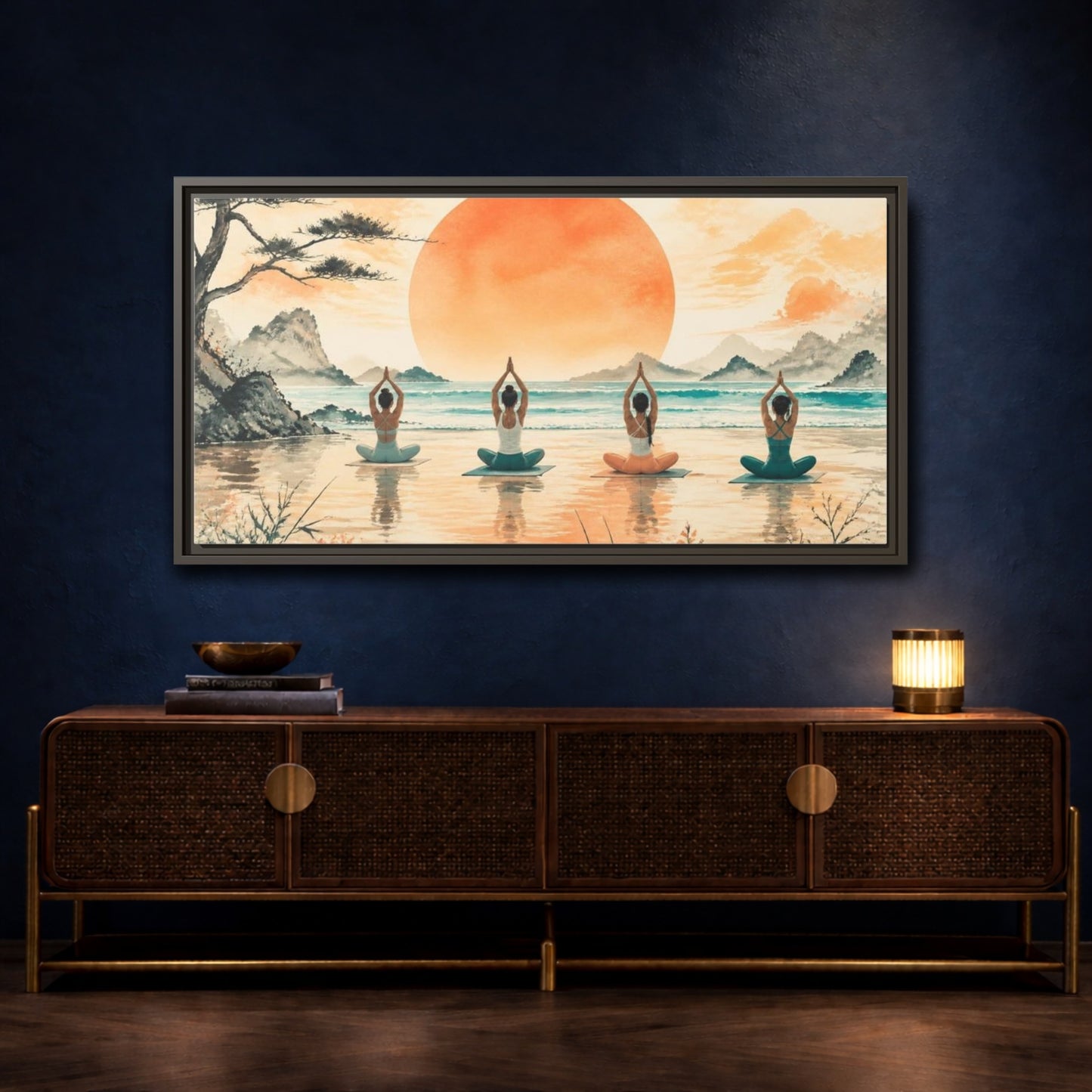 Mockup 4. Sunrise Beach Yoga Circle shown as framed canvas print