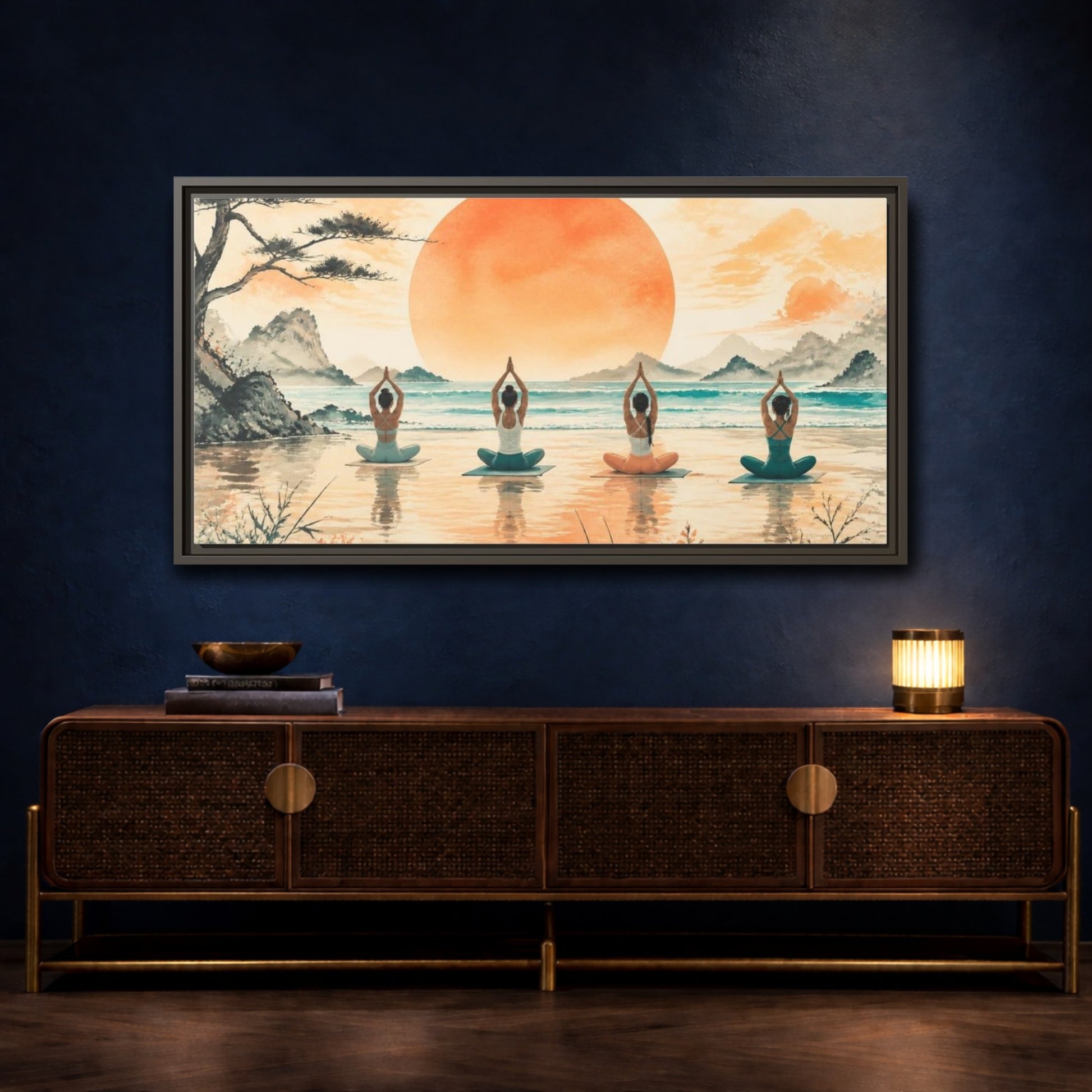 Mockup 4. Sunrise Beach Yoga Circle shown as framed canvas print
