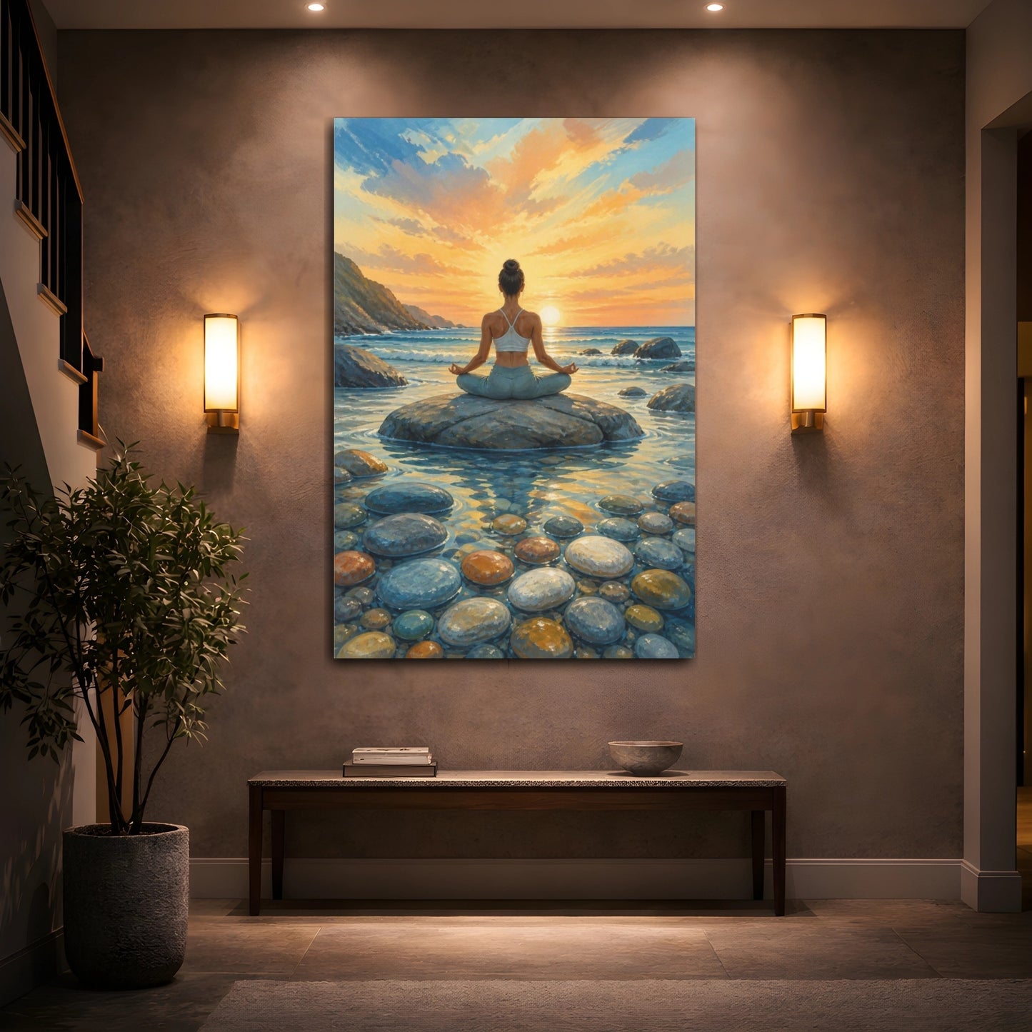 Mockup 2. Sunrise Beach Yoga shown as canvas print