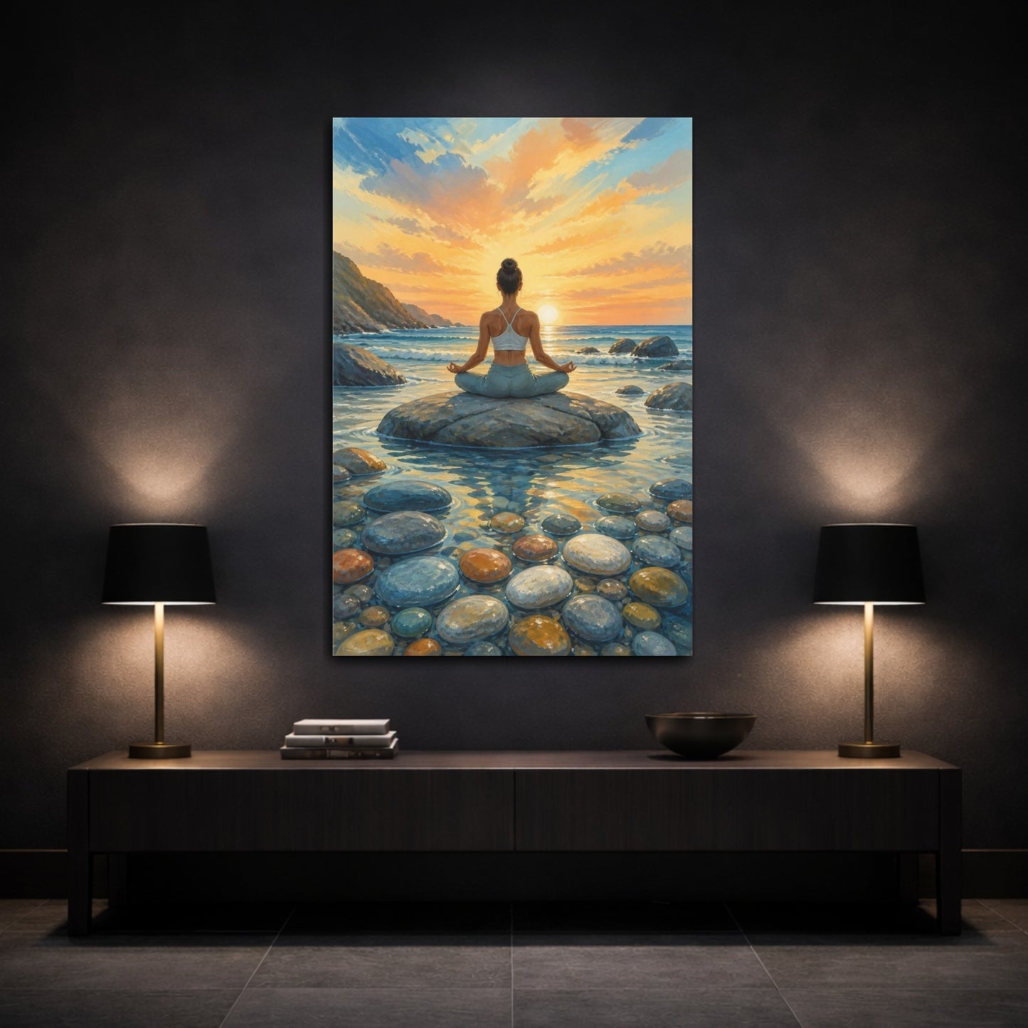 Mockup 3. Sunrise Beach Yoga shown as canvas print