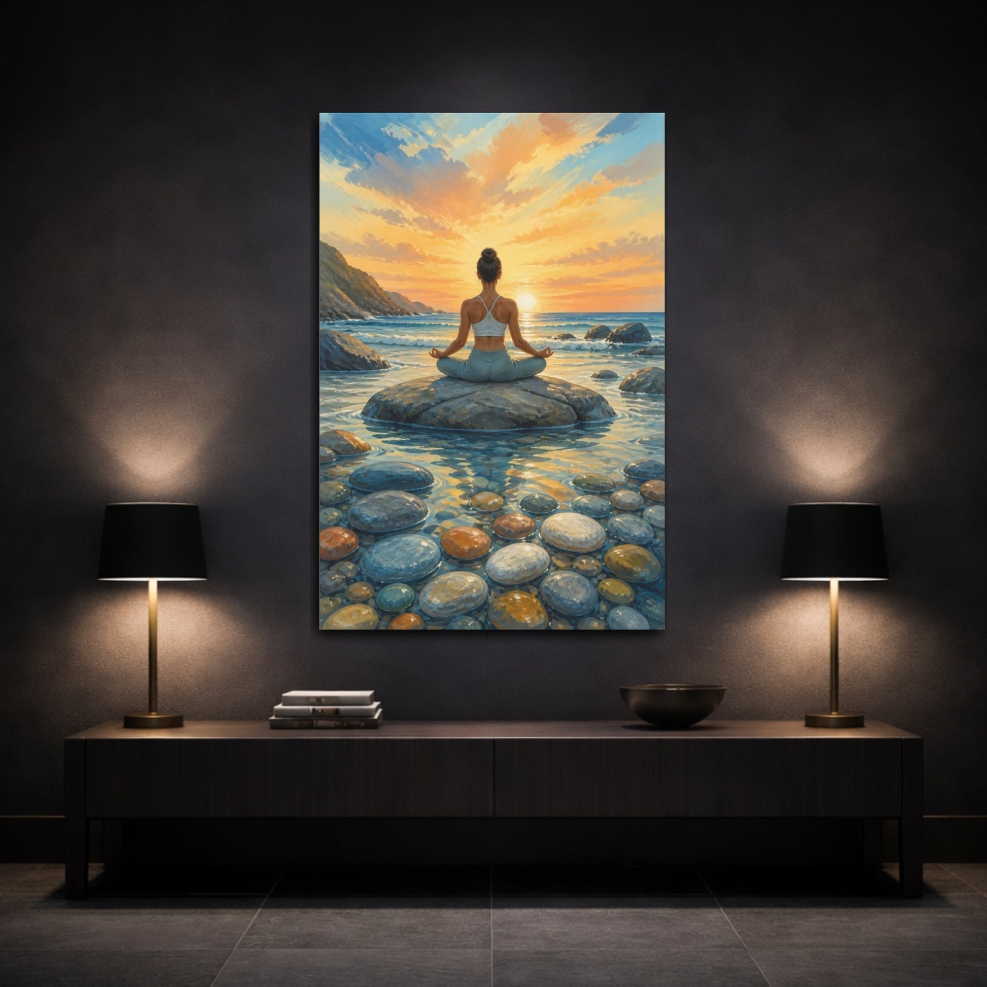 Mockup 3. Sunrise Beach Yoga shown as canvas print