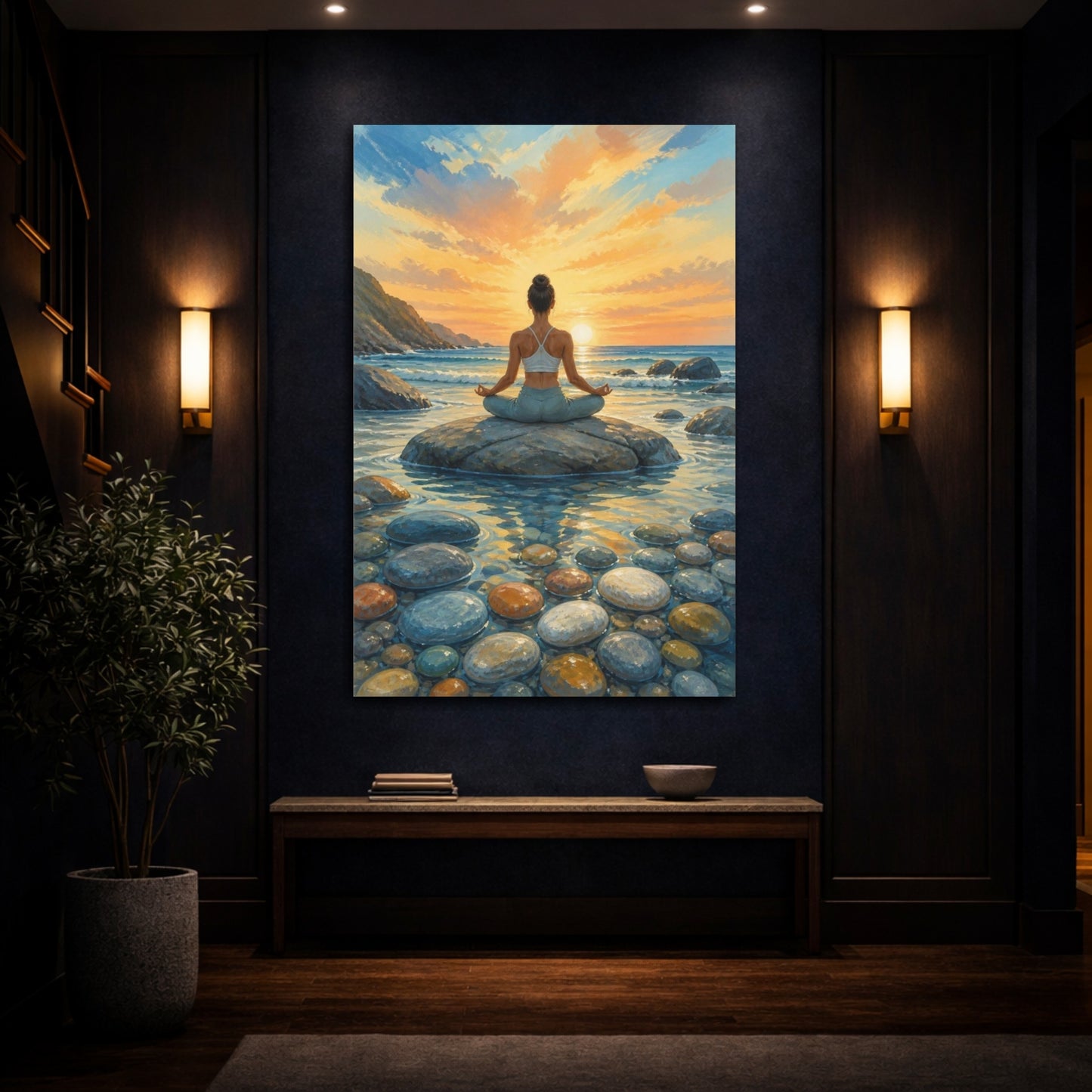 Mockup 4. Sunrise Beach Yoga shown as canvas print