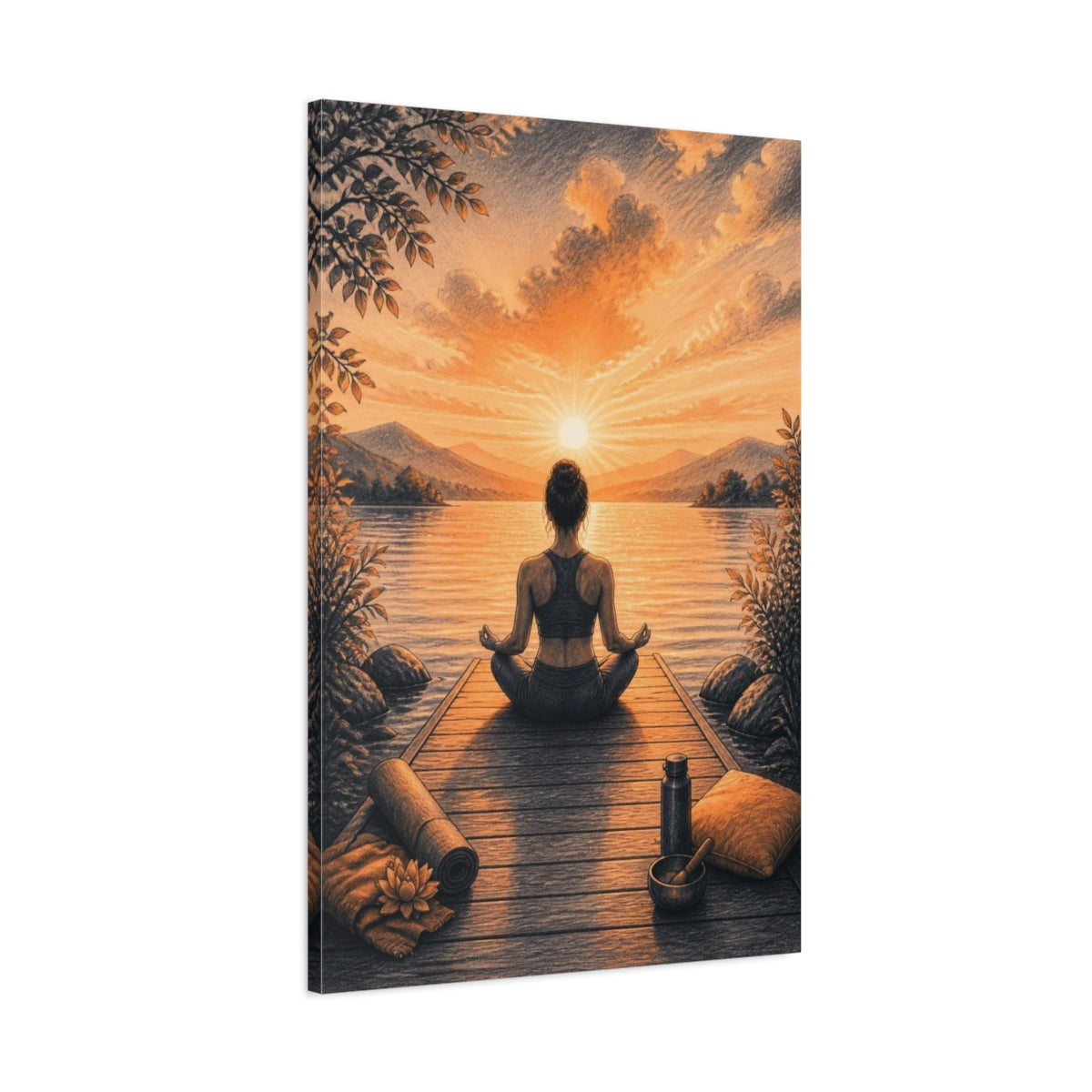 Main Mockup. Sunrise Dock Yoga shown as canvas print