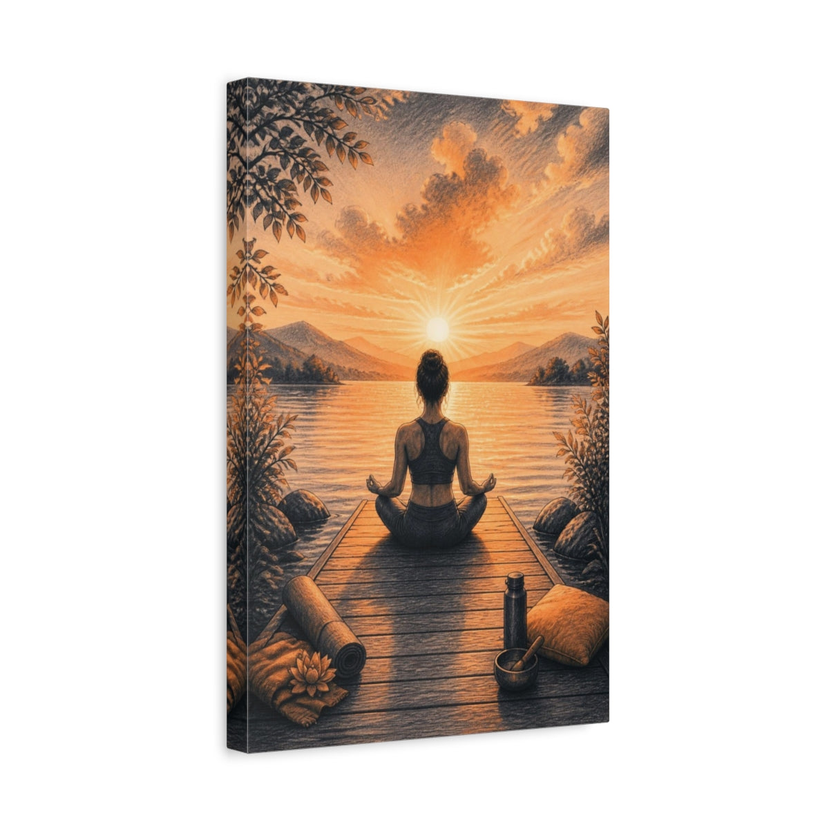 Side Mockup 4. Sunrise Dock Yoga shown as canvas print