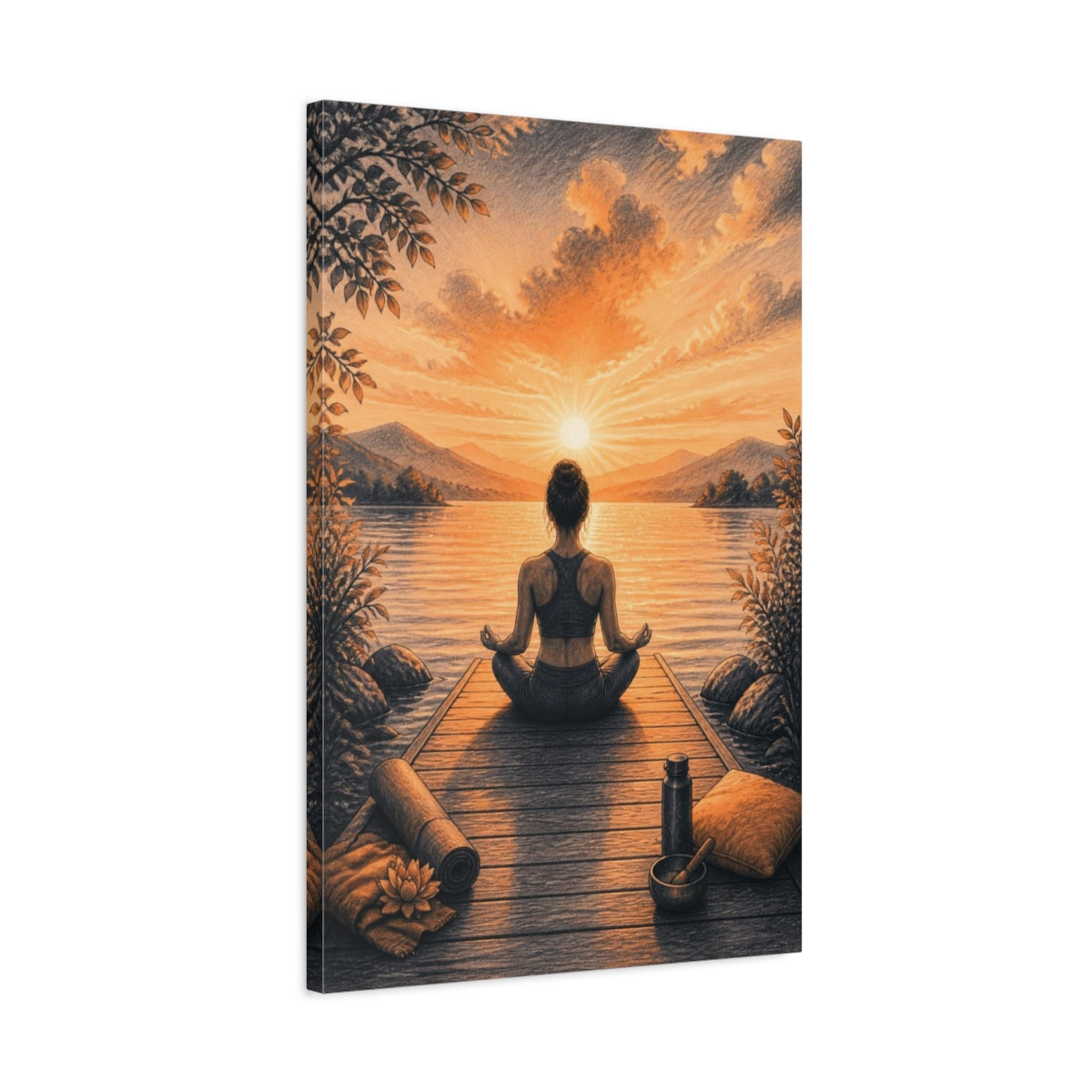 Side Mockup 2. Sunrise Dock Yoga shown as canvas print