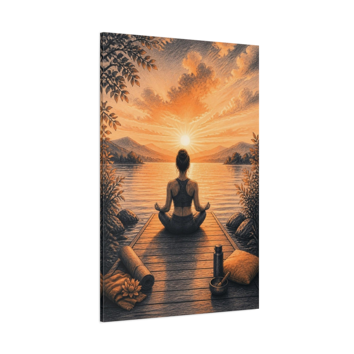 Side Mockup 1. Sunrise Dock Yoga shown as canvas print