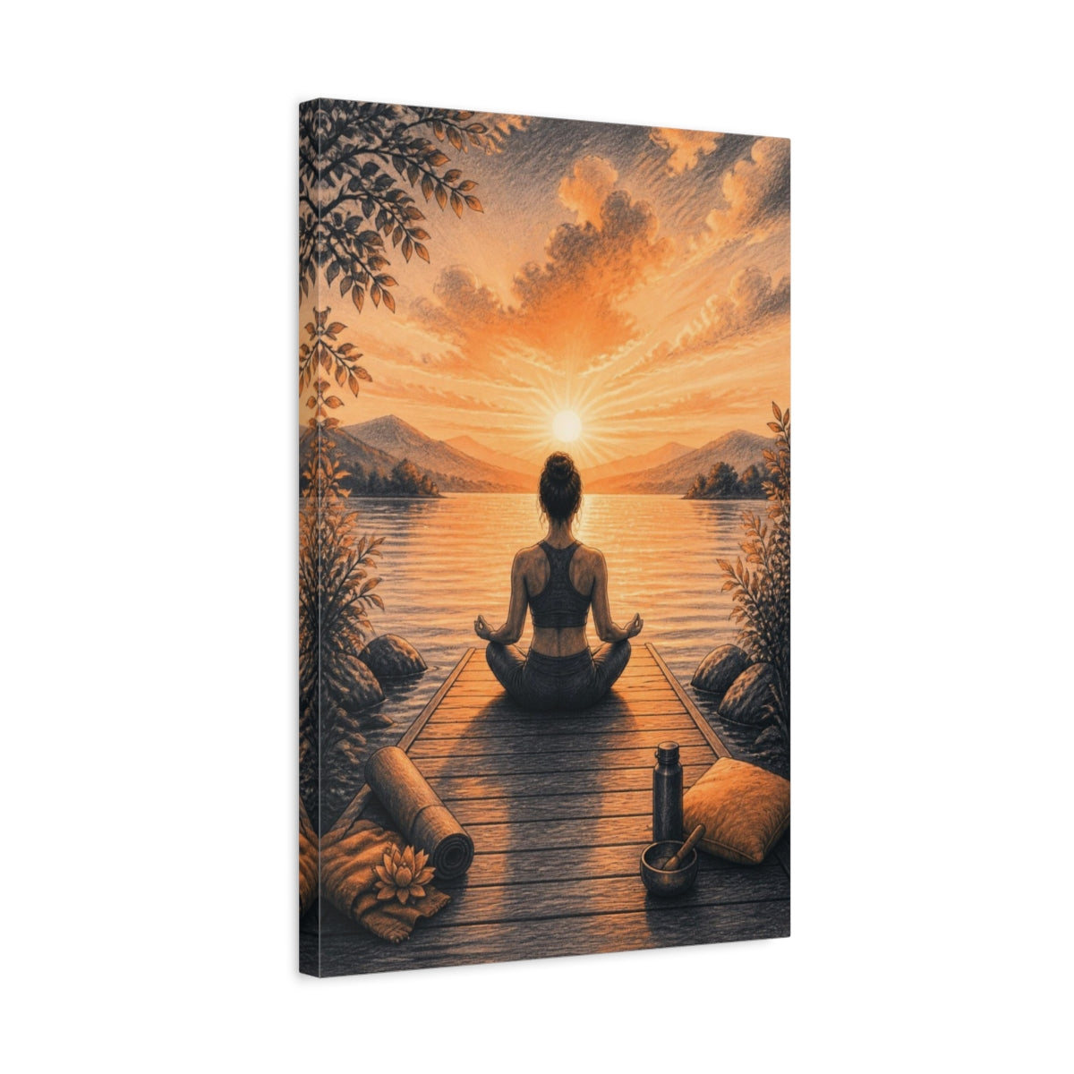 Side Mockup 3. Sunrise Dock Yoga shown as canvas print