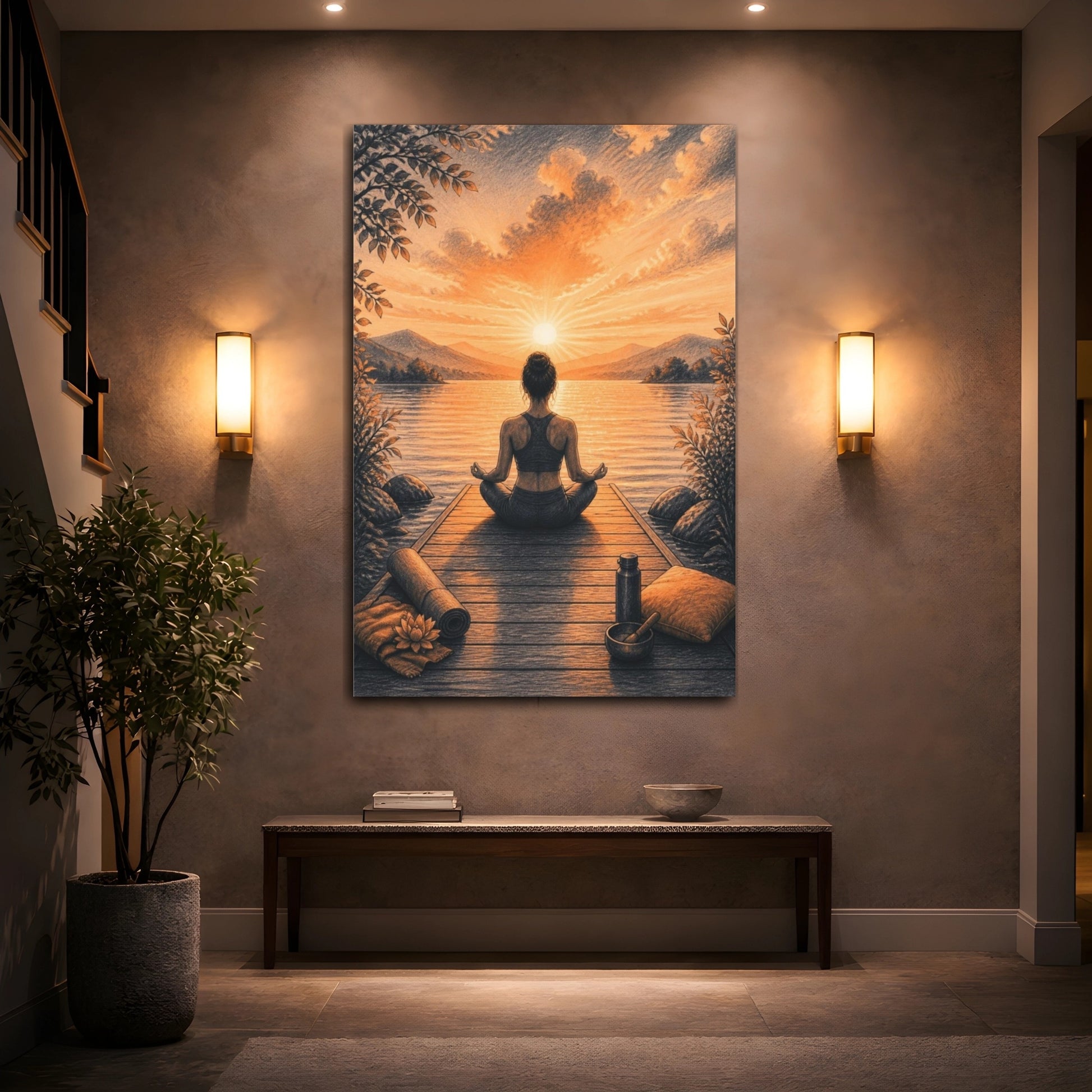 Mockup 2. Sunrise Dock Yoga shown as canvas print