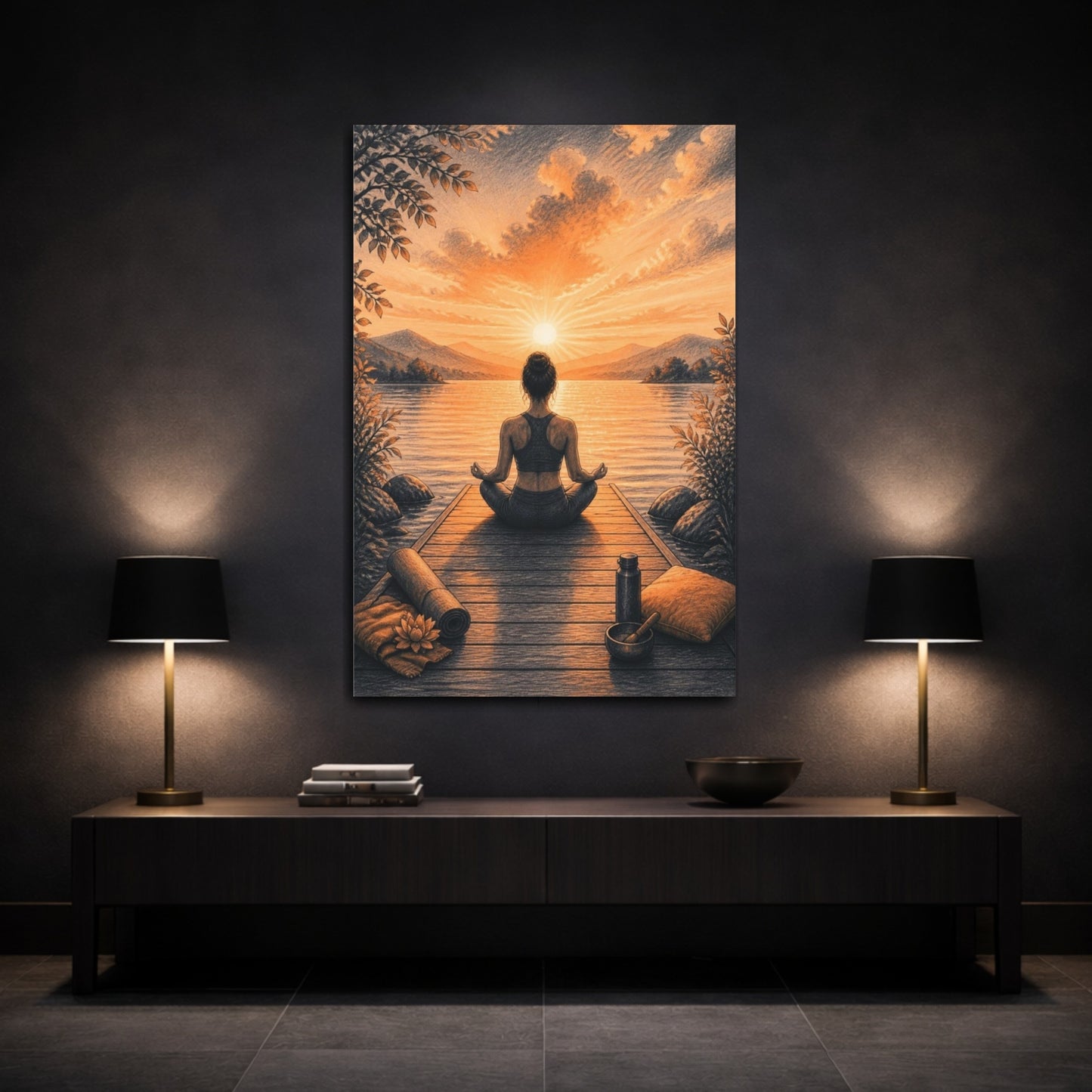 Mockup 3. Sunrise Dock Yoga shown as canvas print
