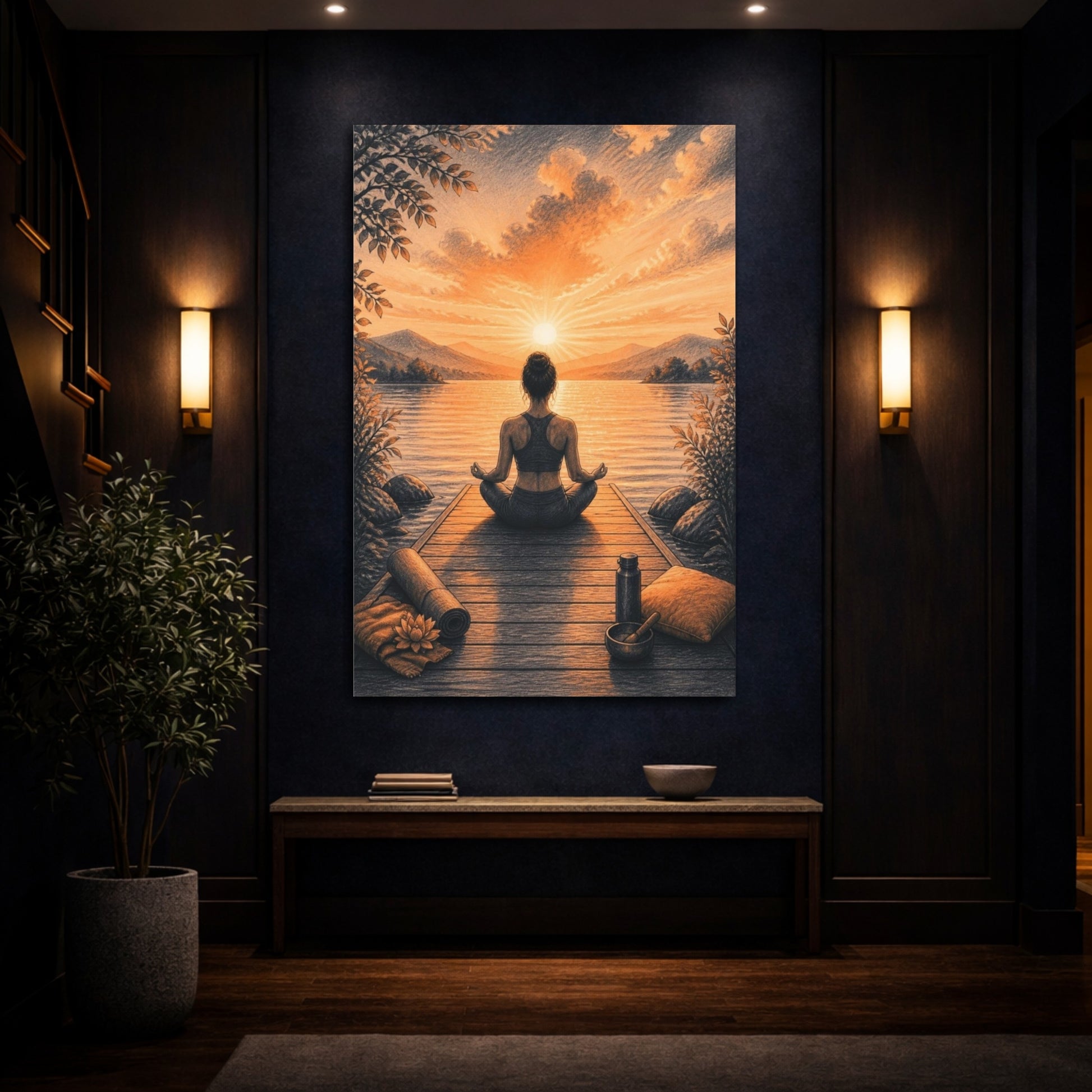 Mockup 4. Sunrise Dock Yoga shown as canvas print