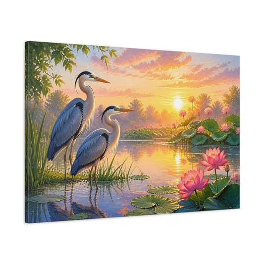Main Mockup. Sunrise Herons At Lotus Pond shown as canvas print
