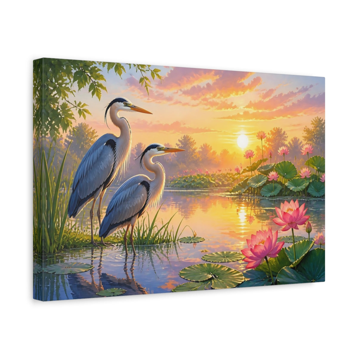 Side Mockup 4. Sunrise Herons At Lotus Pond shown as canvas print