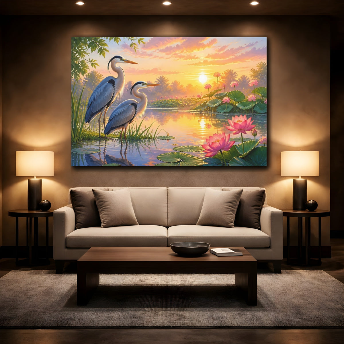 Mockup 2. Sunrise Herons At Lotus Pond shown as canvas print