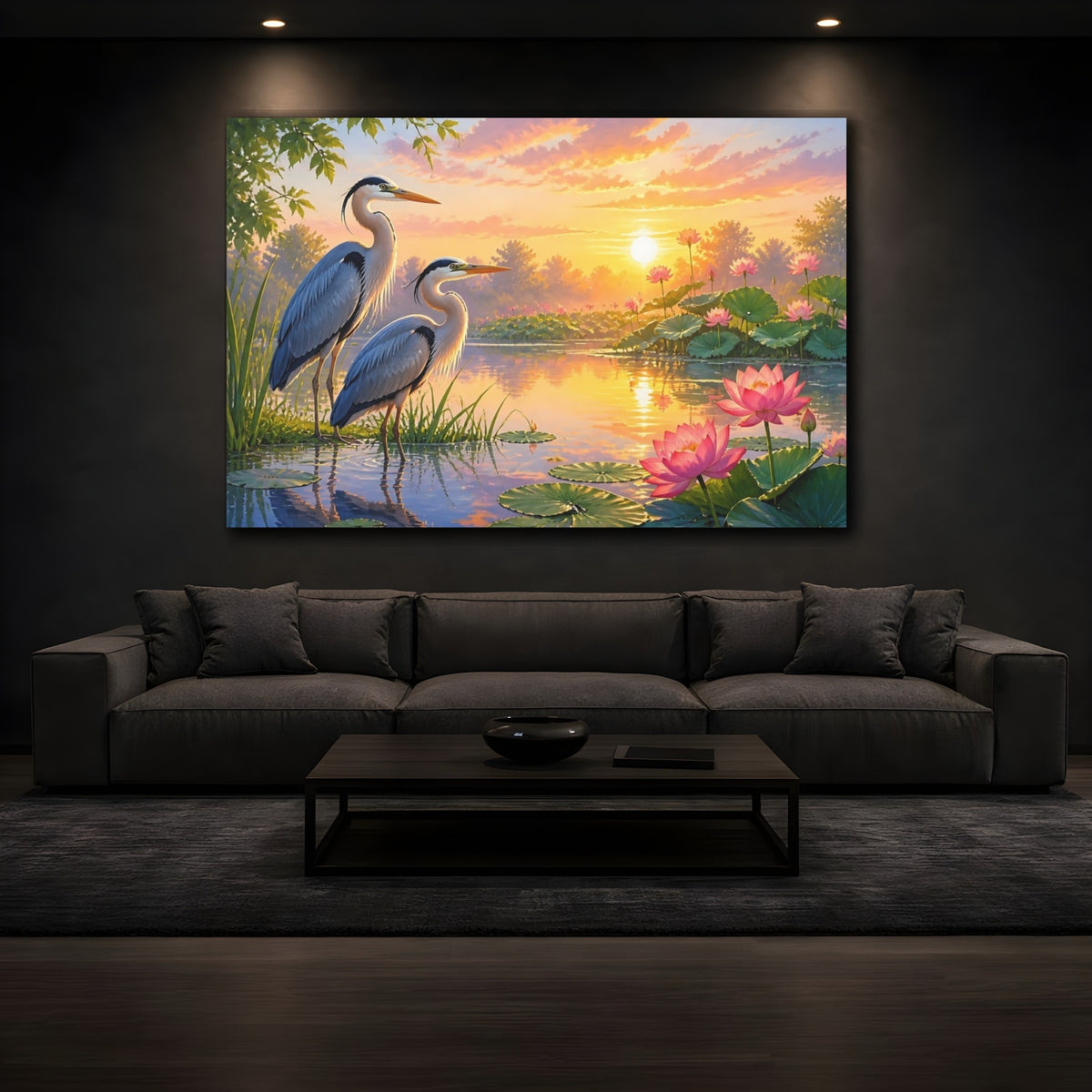 Mockup 3. Sunrise Herons At Lotus Pond shown as canvas print