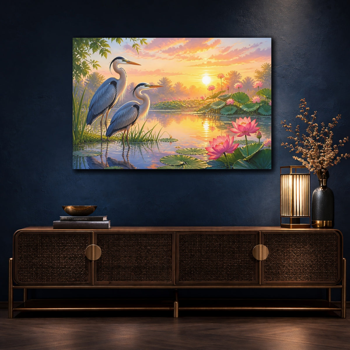 Mockup 4. Sunrise Herons At Lotus Pond shown as canvas print