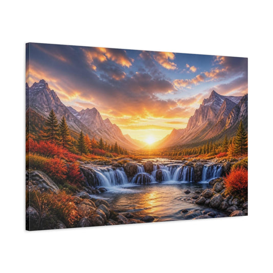Main Mockup. Sunrise Mountain Waterfall shown as canvas print