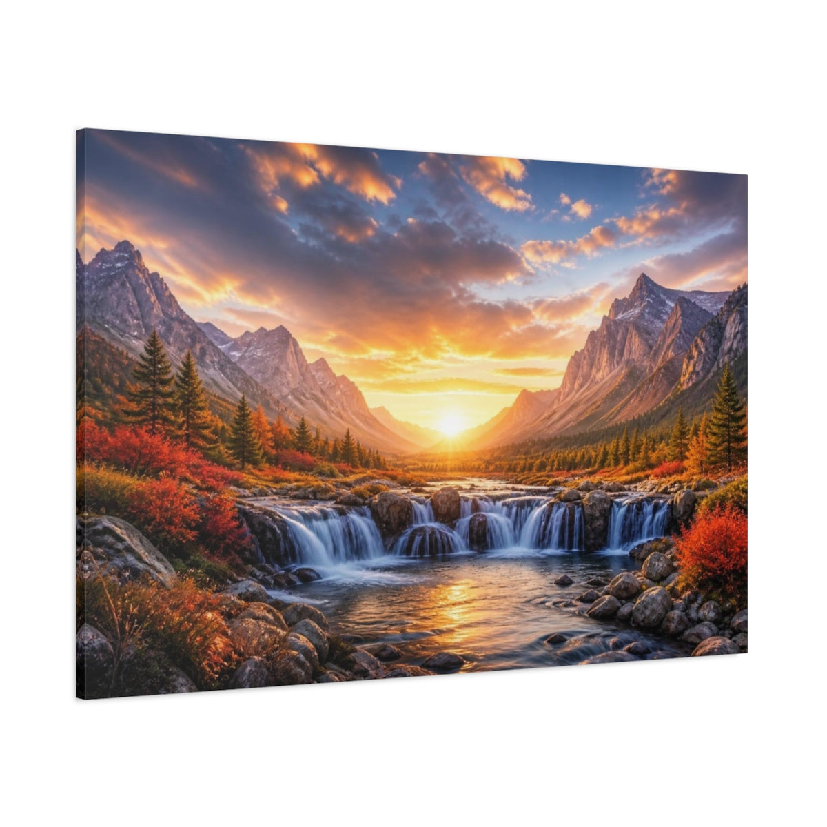 Side Mockup 1. Sunrise Mountain Waterfall shown as canvas print
