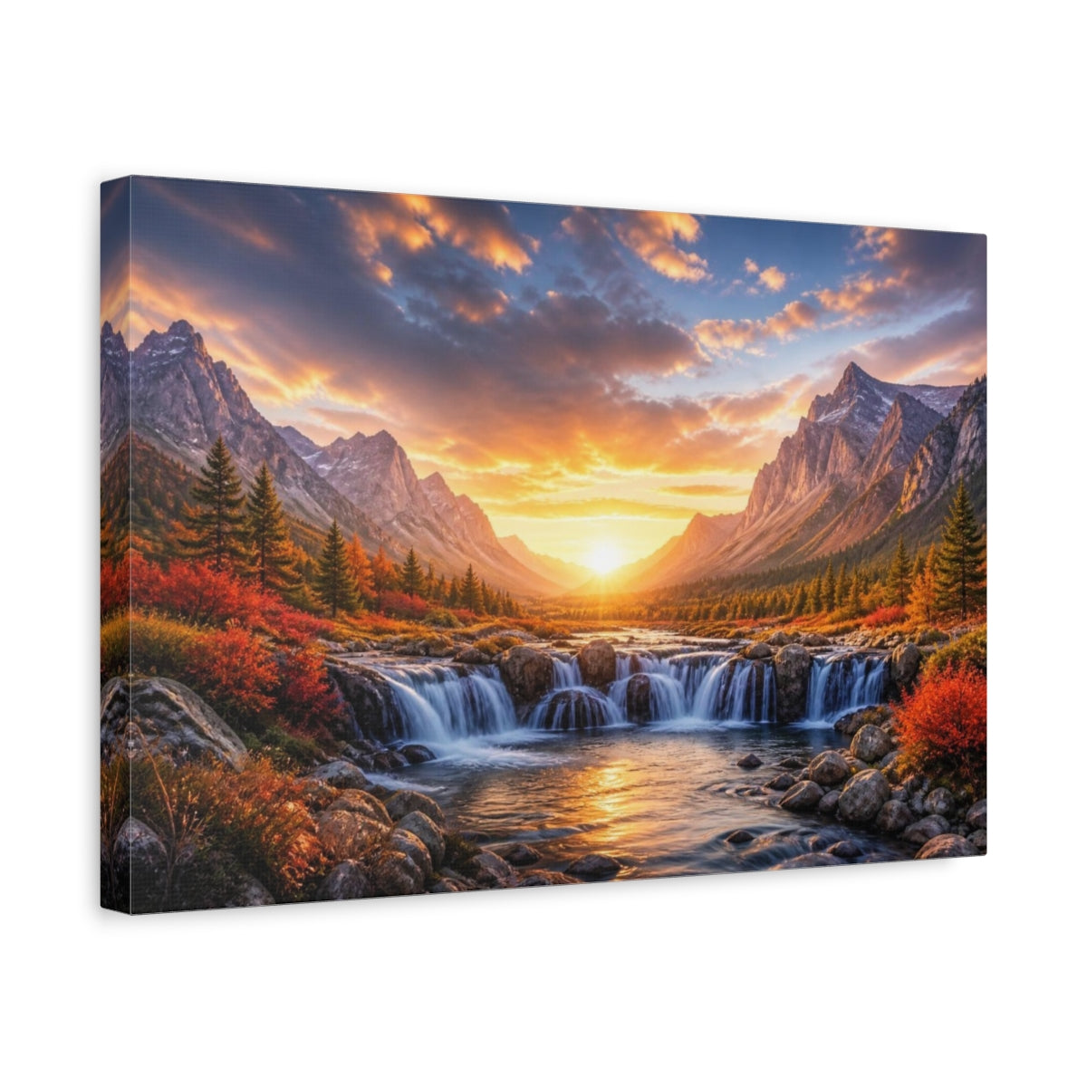 Side Mockup 4. Sunrise Mountain Waterfall shown as canvas print