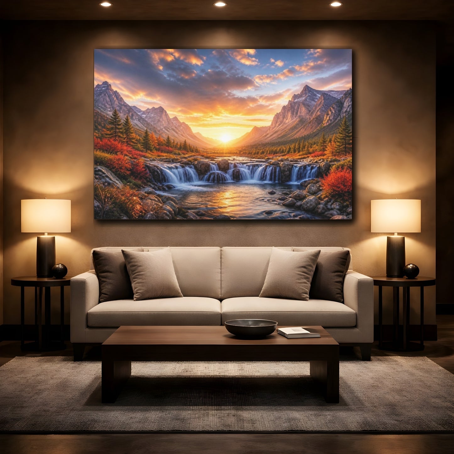 Mockup 2. Sunrise Mountain Waterfall shown as canvas print