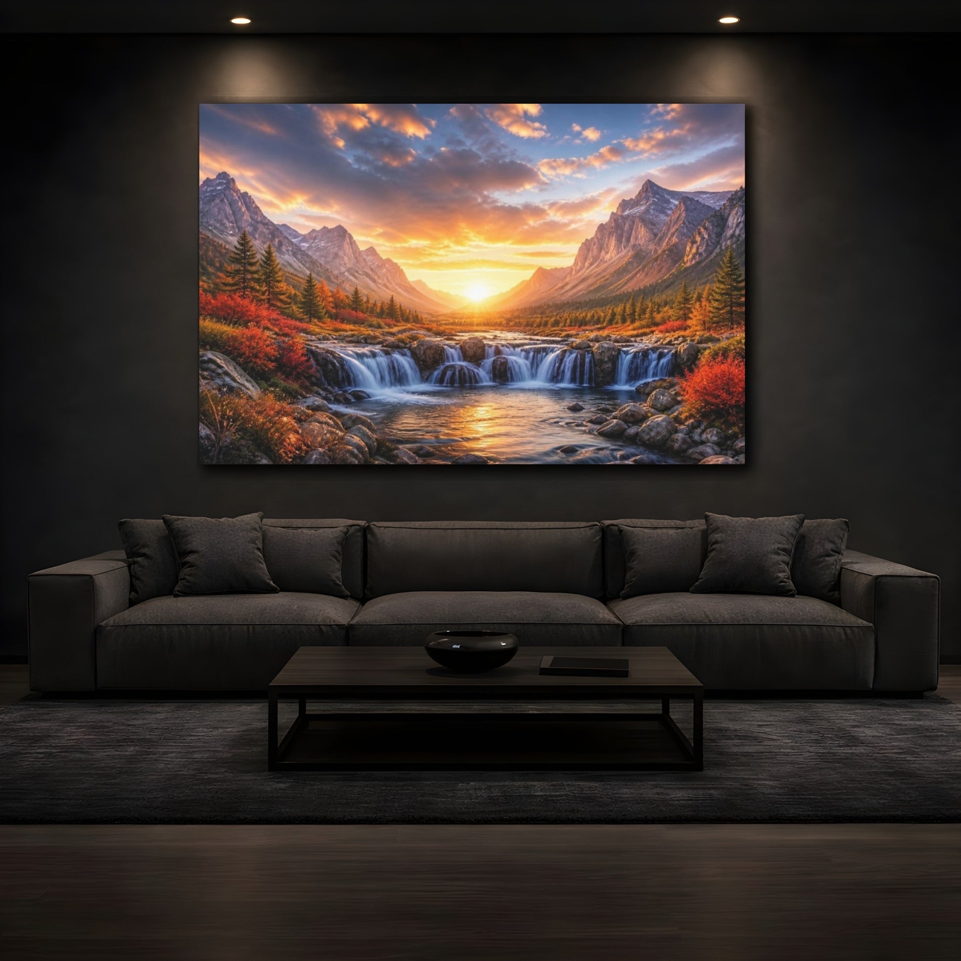 Mockup 3. Sunrise Mountain Waterfall shown as canvas print