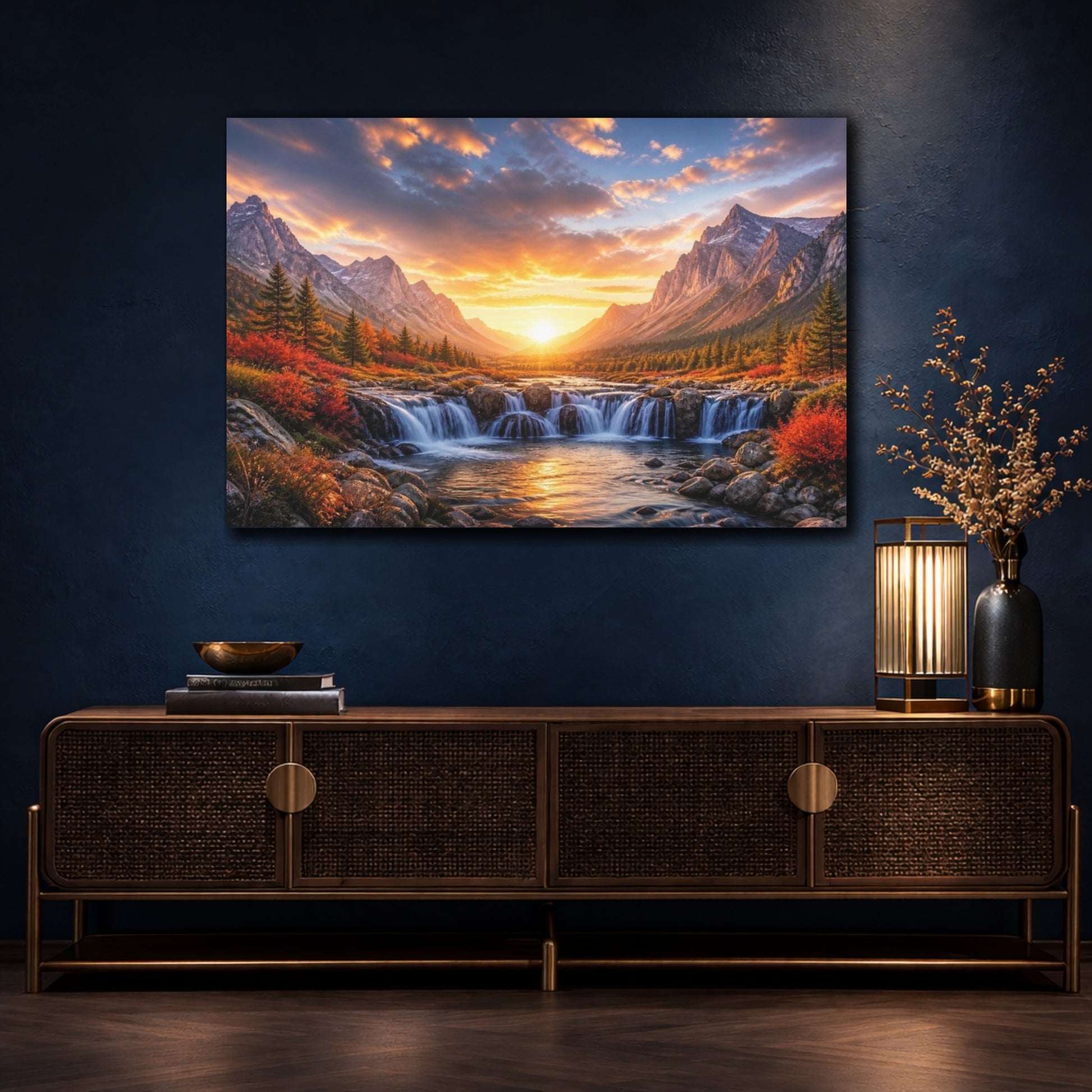 Mockup 4. Sunrise Mountain Waterfall shown as canvas print