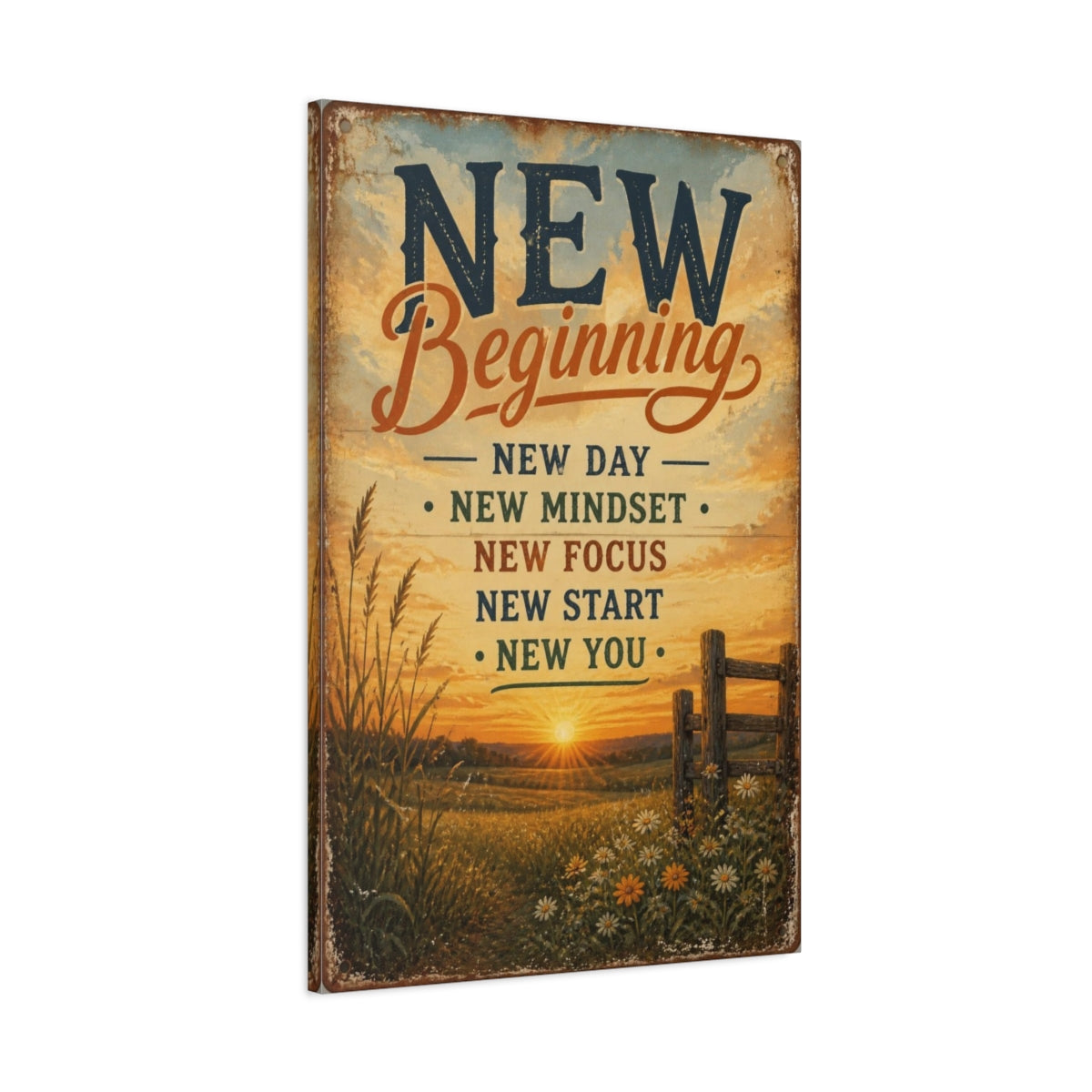 Main Mockup. Sunrise New Beginning Quote shown as canvas print
