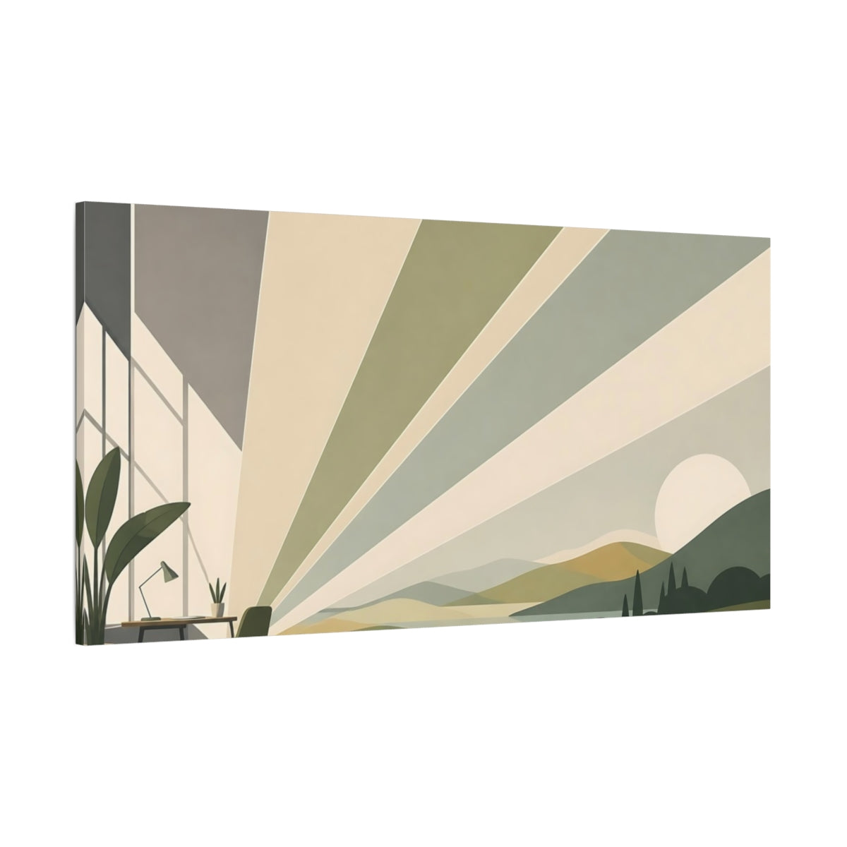 Side Mockup 2. Sunrise Over Hills shown as canvas print