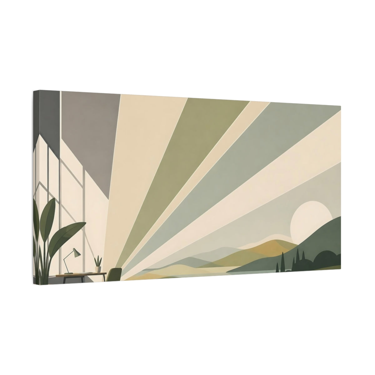 Side Mockup 1. Sunrise Over Hills shown as canvas print