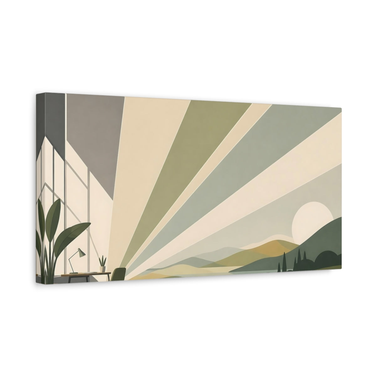 Side Mockup 3. Sunrise Over Hills shown as canvas print