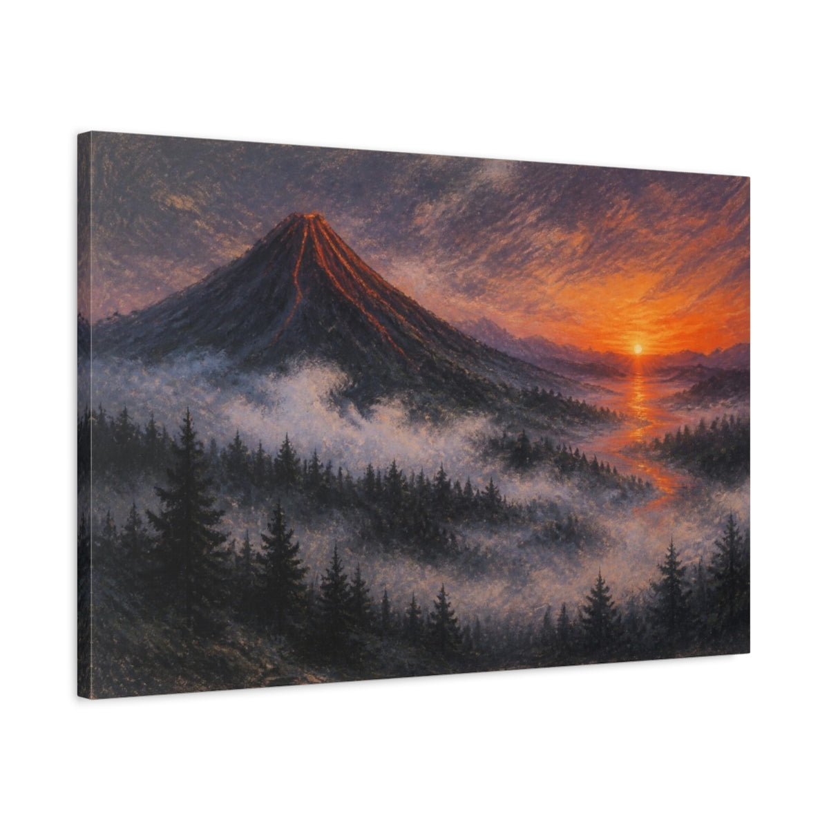 Side Mockup 2. Sunrise Over Volcanic Cone shown as canvas print