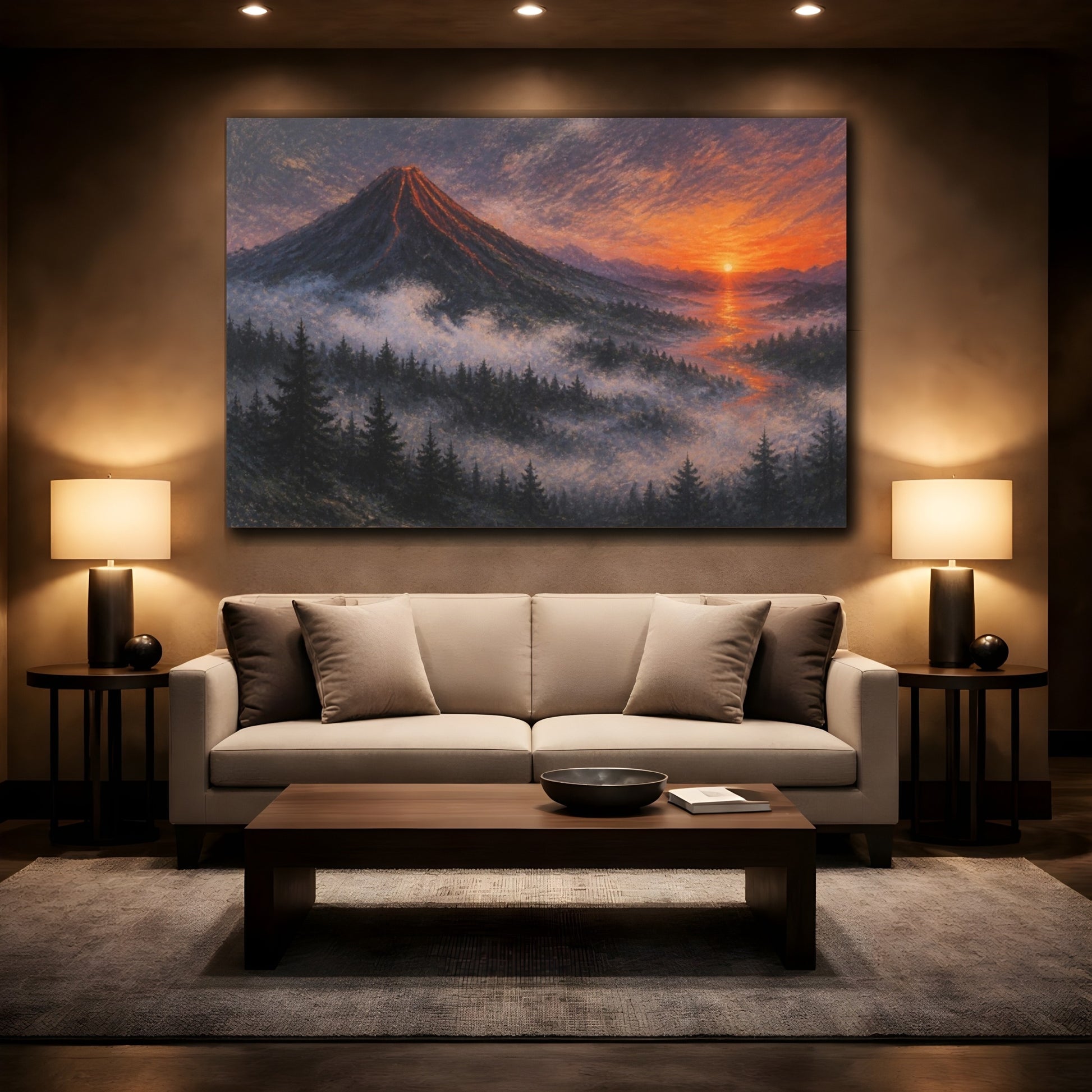 Mockup 2. Sunrise Over Volcanic Cone shown as canvas print