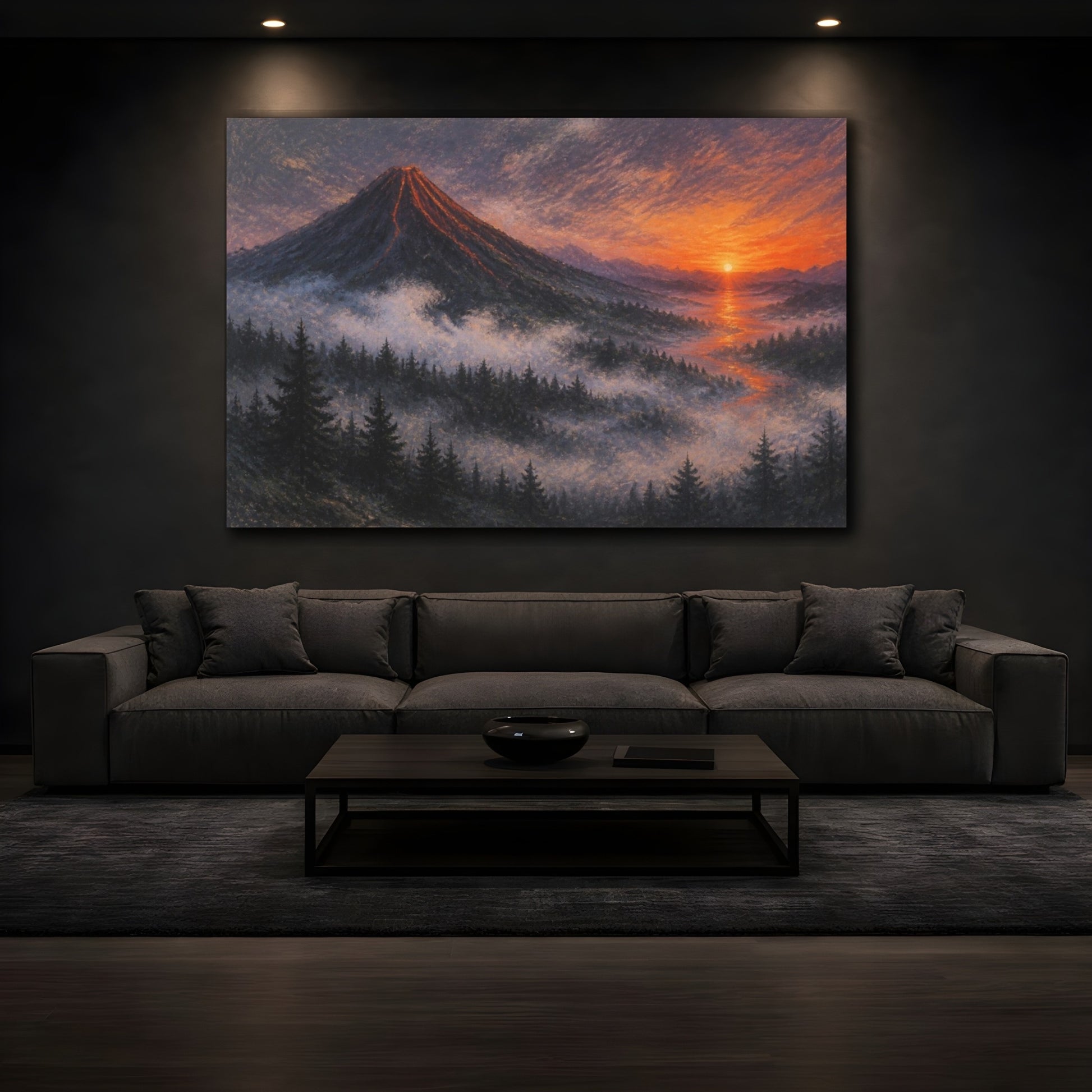 Mockup 3. Sunrise Over Volcanic Cone shown as canvas print