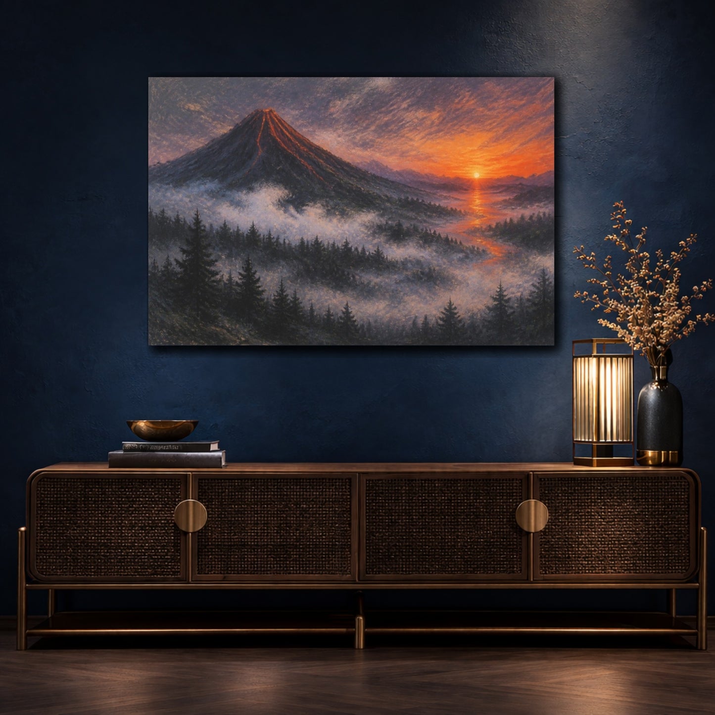 Mockup 4. Sunrise Over Volcanic Cone shown as canvas print